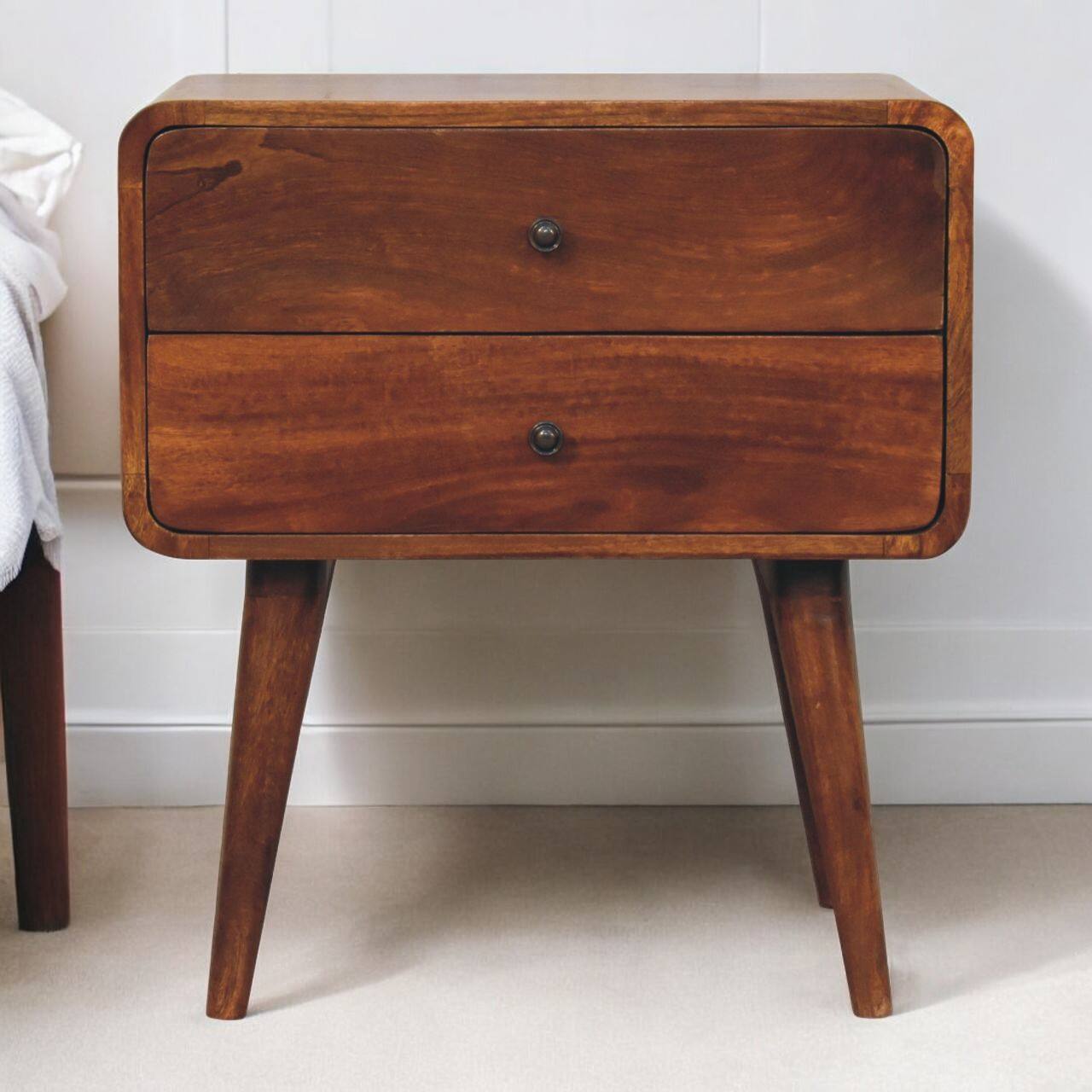 Angle. Artisan Furniture - Artisan Furniture Solid Wood Large Curved Chestnut Bedside, 2 Drawers, Dark Brown - Dark Brown.