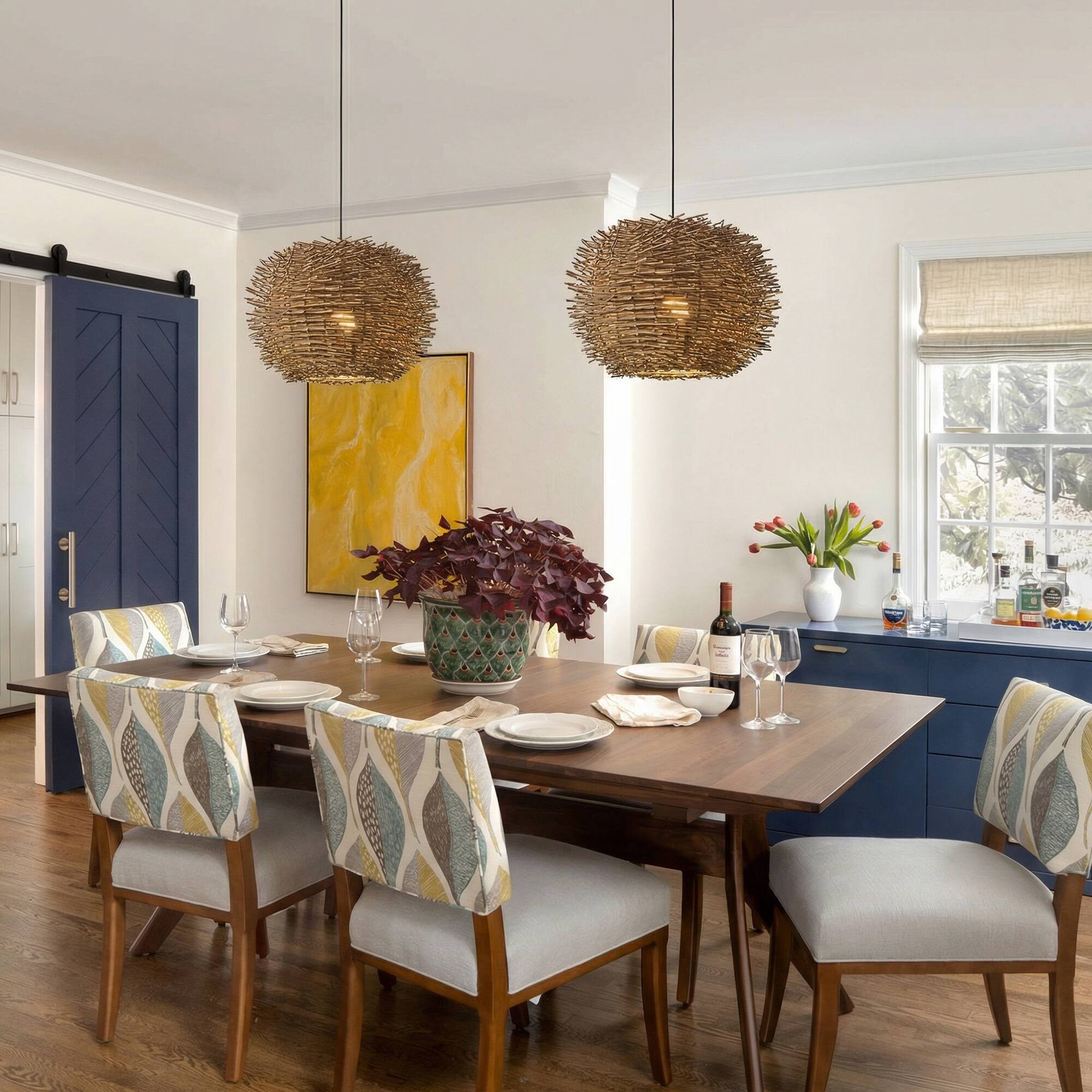 Back. Vaczon - Rattan Bird’s Nest Pendant /Flush Mount Light, Unique Irregular Shape, Wicker Shade, Boho Chic Ceiling Lighting - Natural Rattan.