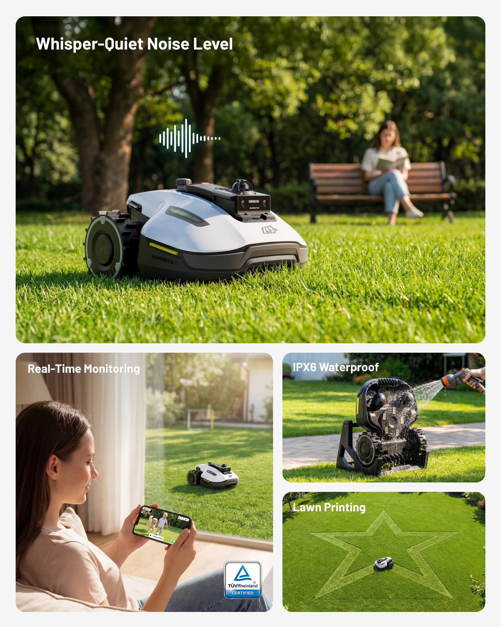 Whisper-Quiet Noise Level  
Real-Time Monitoring  
IPX6 Waterproof  
Lawn Printing  
TUVRheinland CERTIFIED