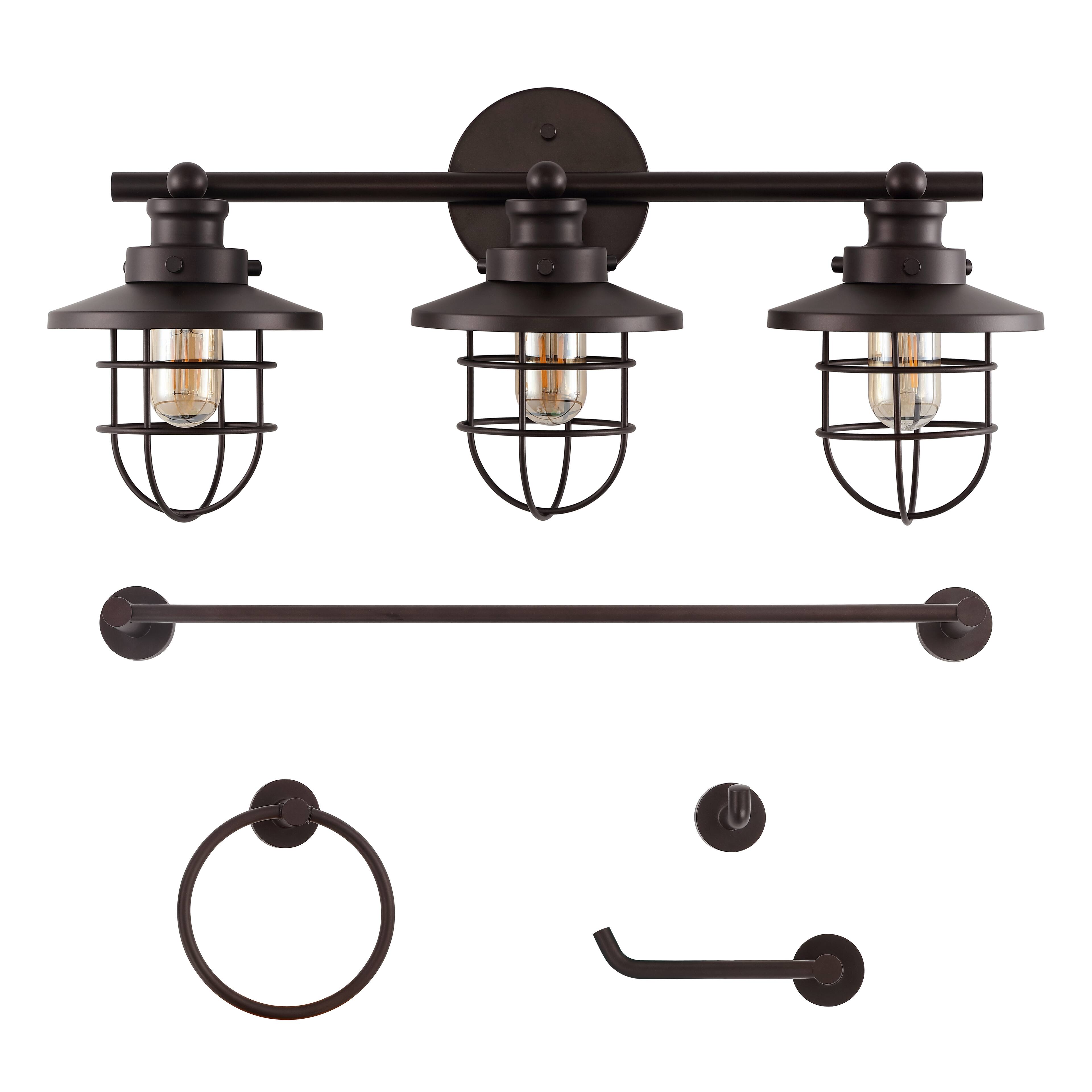 Alt View 7. Jonathan Y - Ellis 24" 3-Light Industrial Farmhouse Vanity Light with Bathroom Hardware Accessory Set, Oil Rubbed Bronze (5-Piece) - Oil Rubbed Bronze.