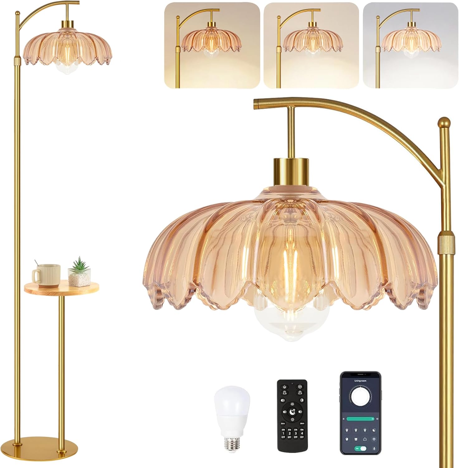 Front. Cozy Serene - Gold Green Floor Lamp Lamp Dimmable Modern Vintage Glass Living Room Bedroom Standing with Remote Century - 05-Floor Lamp.