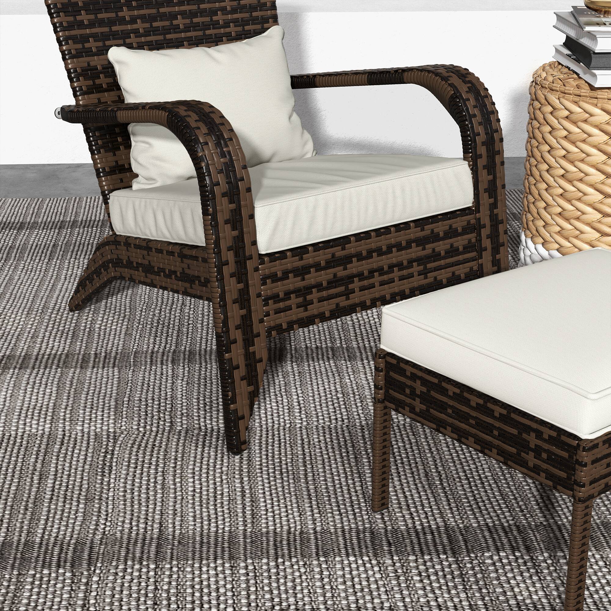 Alt View 8. Outsunny - Patio Wicker Adirondack Chair with Ottoman, Outdoor Fire Pit Chair with Cushions, High-Back, Large Seat & Armrests - Cream White.