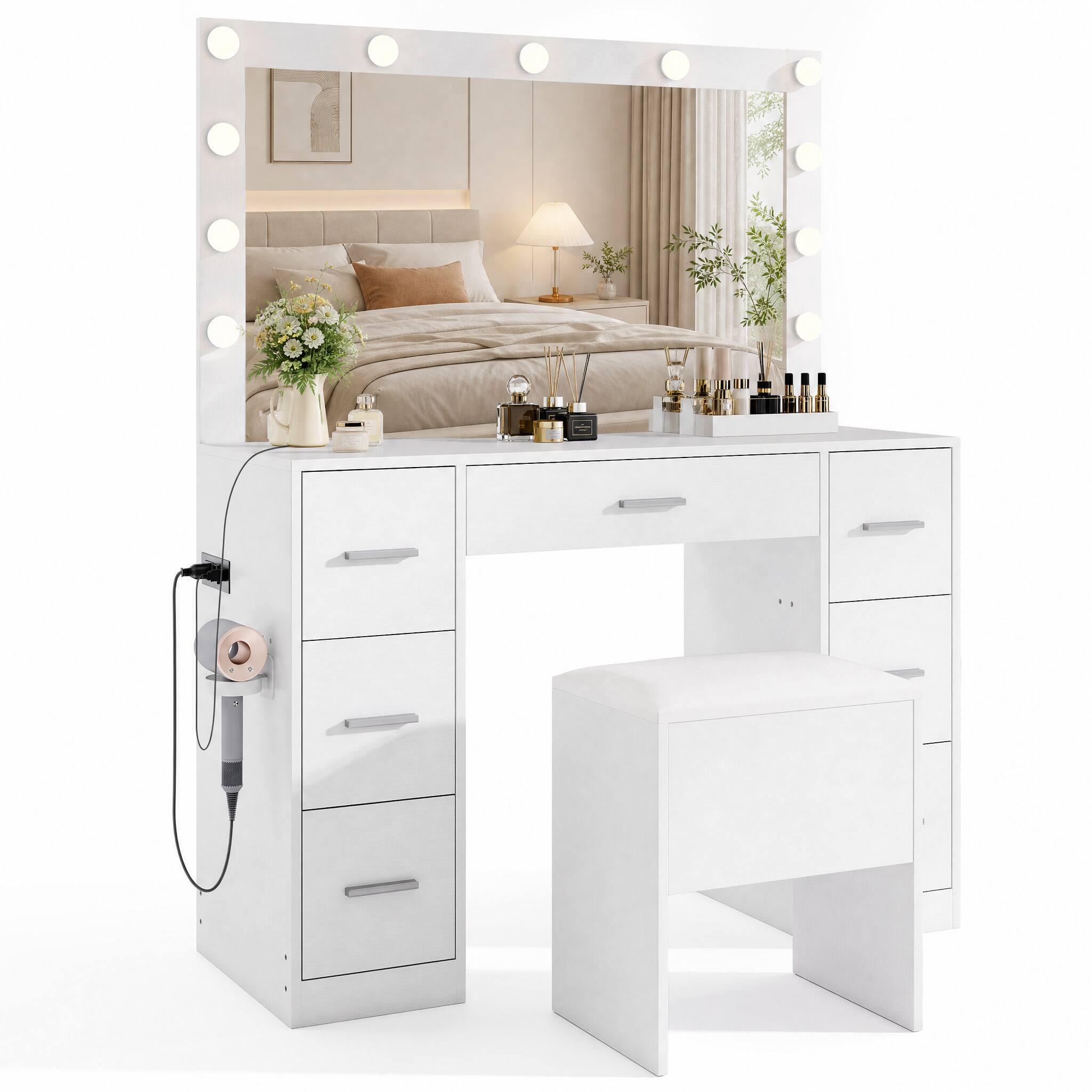 Left. WELLFOR - 43.5 " Makeup Vanity Set with 3 Color Lighted Mirror & Charging Station, Modern Vanity Desk with 7Drawers & Stool - White.