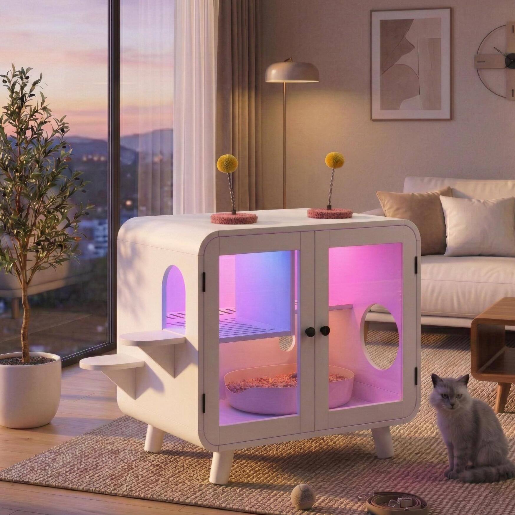 Front. Whisen - Cat Litter Box Enclosure, TV-Style Cat House, Glass Doors, RGB LED Lighting & Litter Leak Walkway - White.