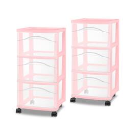 Sterilite - 3 Drawer Storage Cart Plastic Rolling Organization, Frost, 2 Pack - Pink