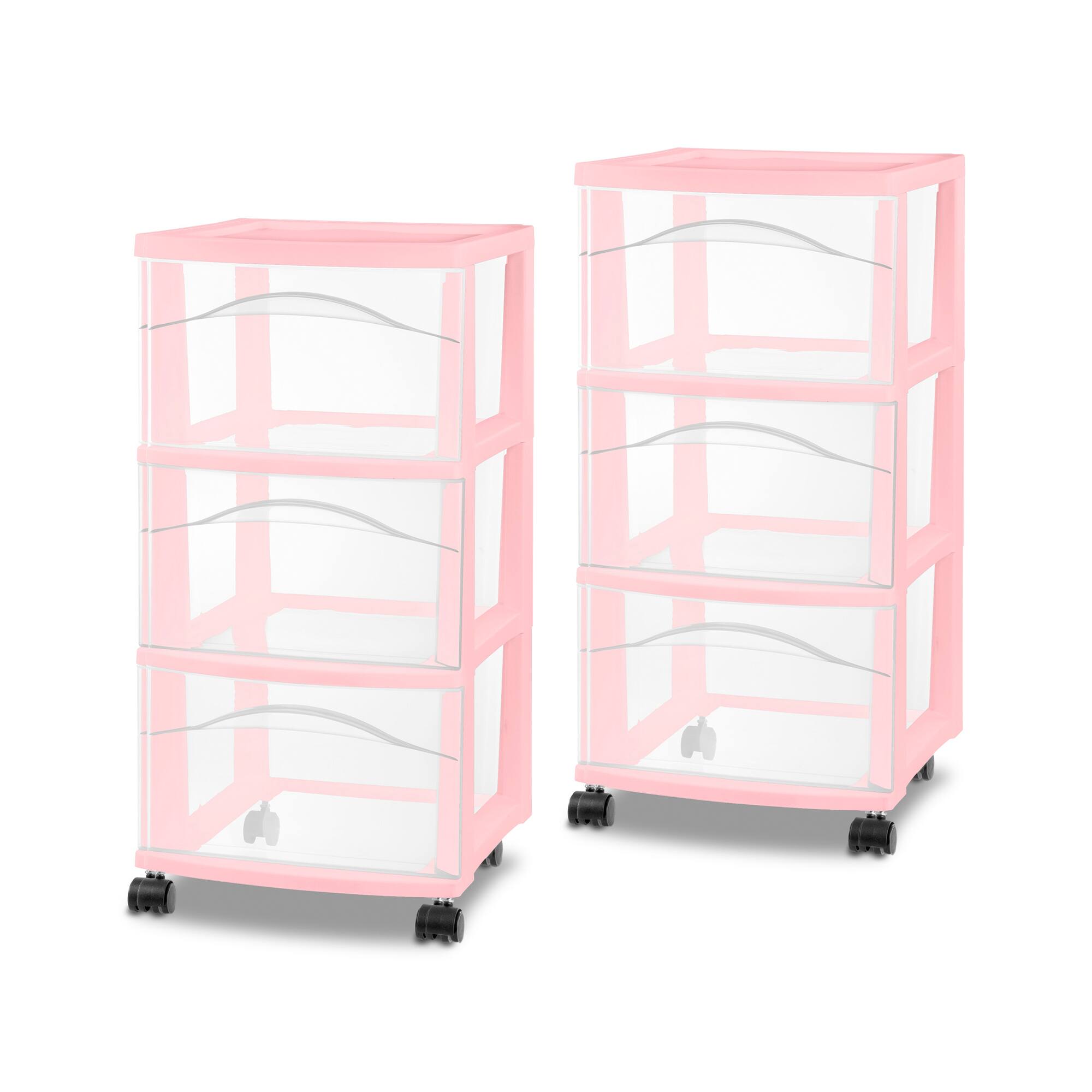 Front. Sterilite - Sterilite 3 Drawer Storage Cart Plastic Rolling Organization, Pink Frost, 2 Pack - Pink.