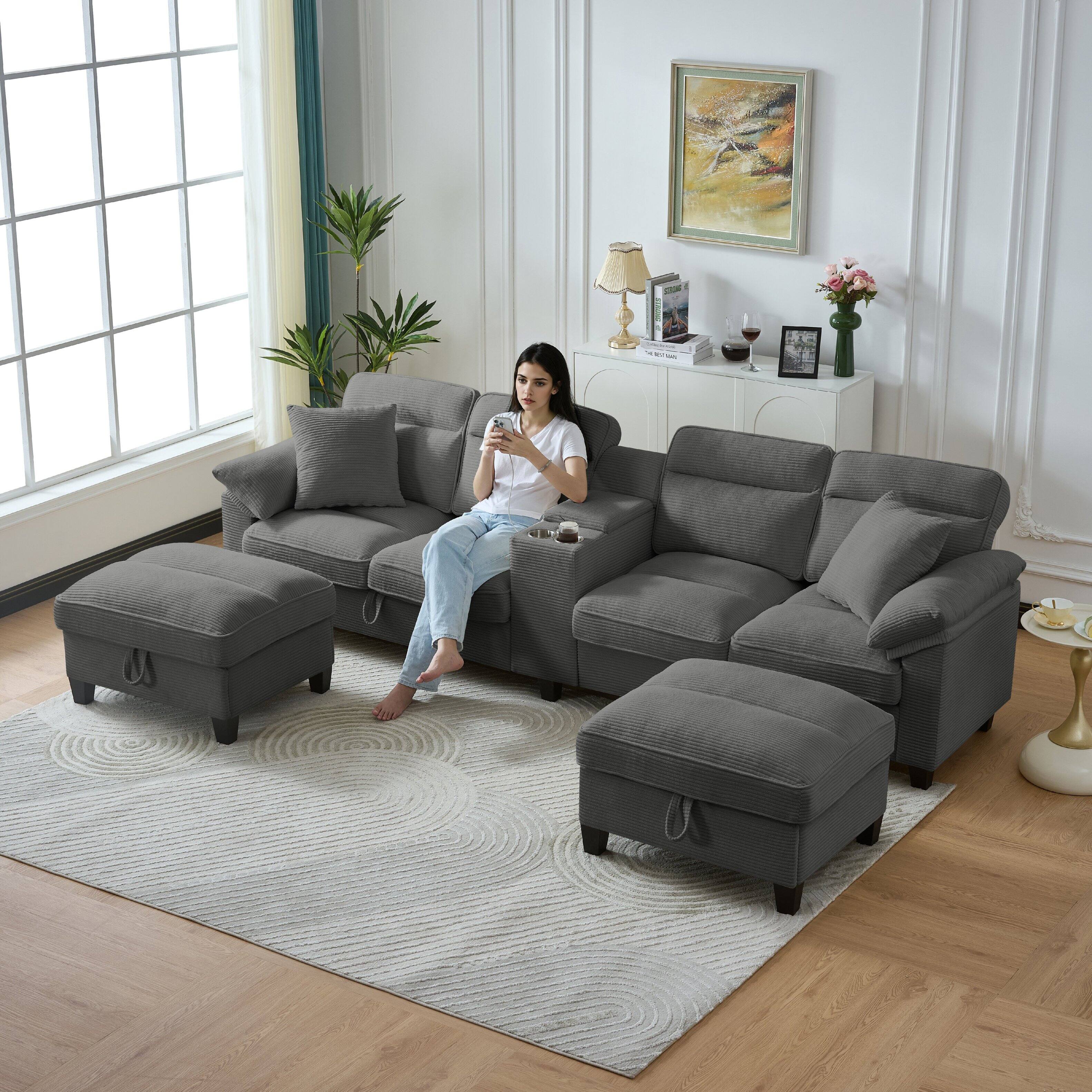 Back. Electra Tech Xpress - FREEHOMAE-117-inch corduroy U-shaped sofa - DARY  GRAY.