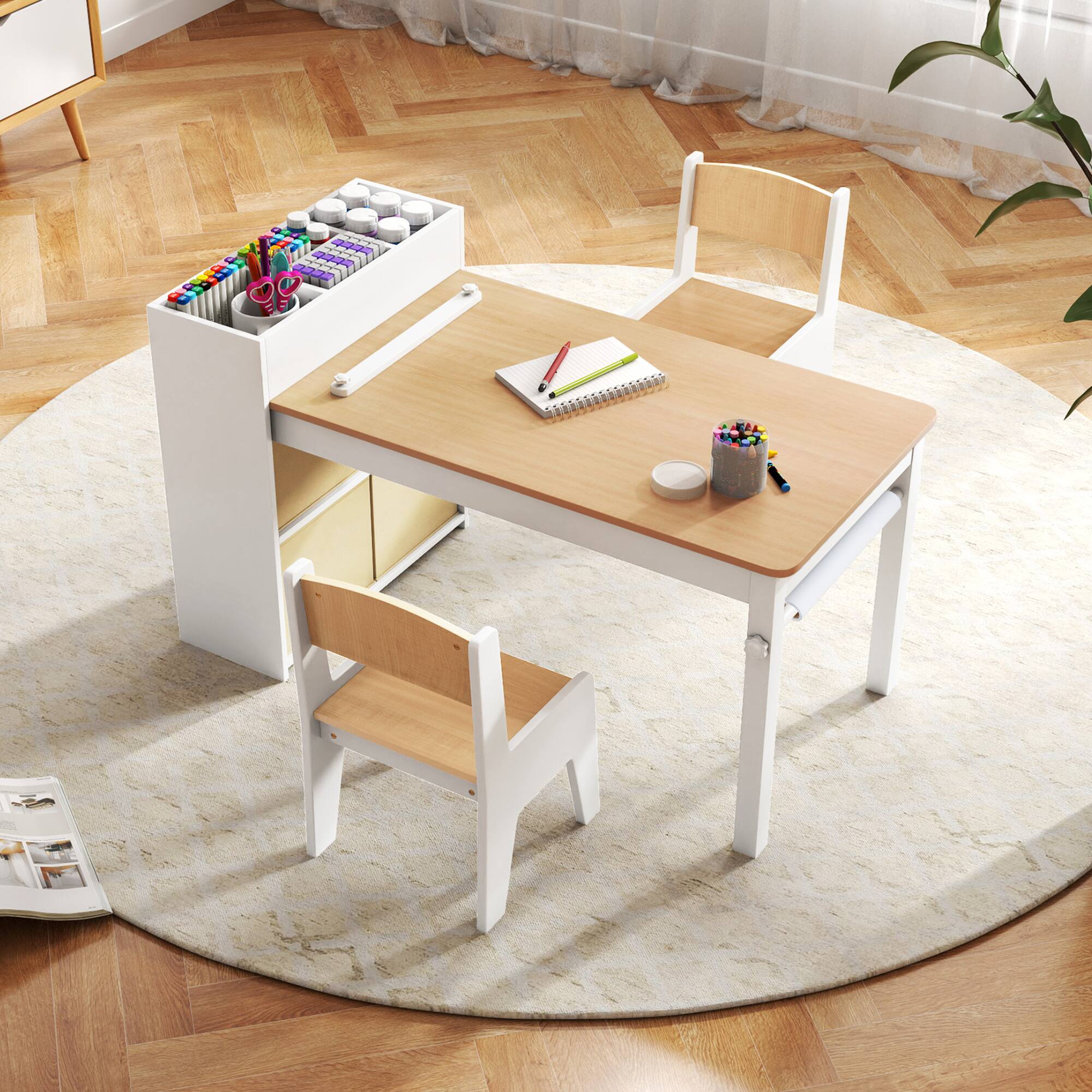 Alt View 4. Costway - Costway Kids Art Table & Chairs Set with Paper Roll Wooden Craft Study Desk Active Play Natural - Natural.