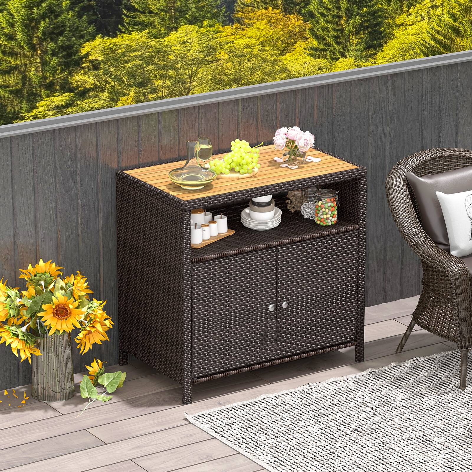 Alt View 8. Ecooso - Rattan Storage Sideboard Cabinet Organizer with Wood Countertop for Patio or Poolside Use - Brown.