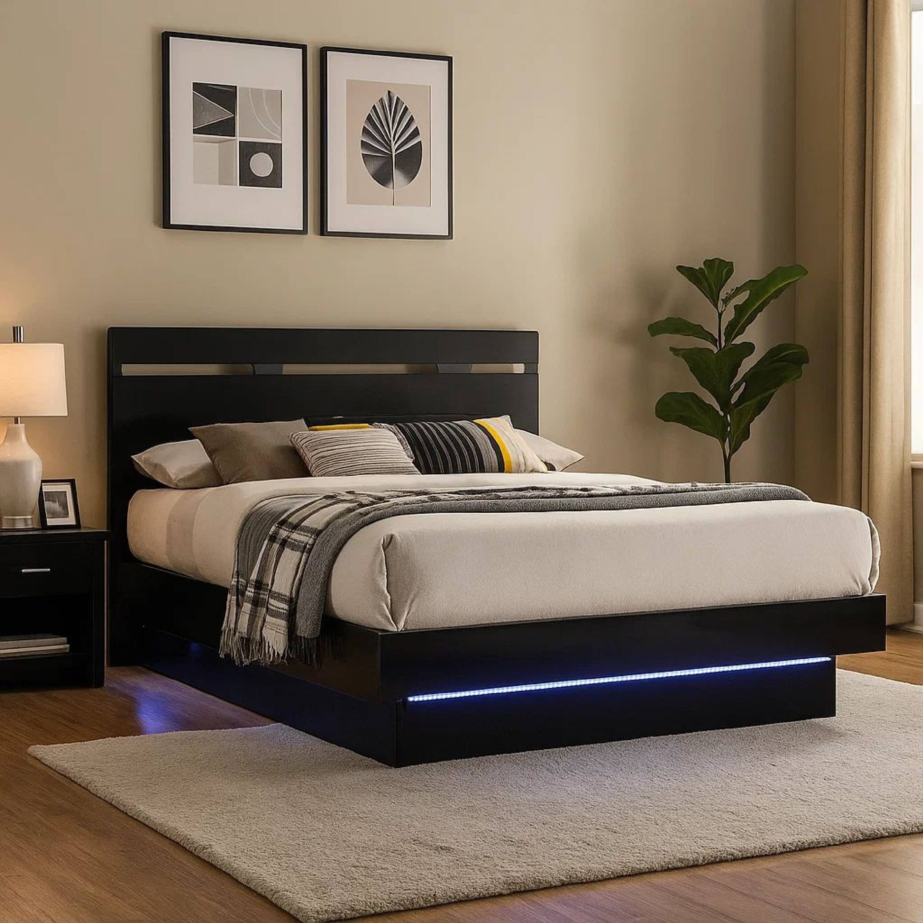 Alt View 5. Manhattan Lane - Pero King Size Bed w Silver Trimmed Headboard, LED Footboard - Black, Chrome Silver.