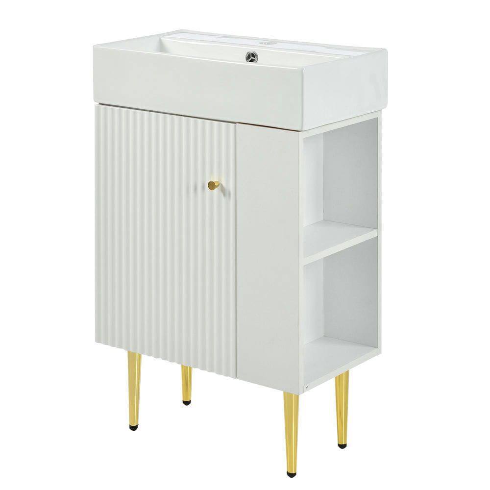 Front. Kadyn - 21.6" white Bathroom vanity, Combo Cabinet, Bathroom Storage Cabinet, Single Ceramic Sink, Right side storage - White.