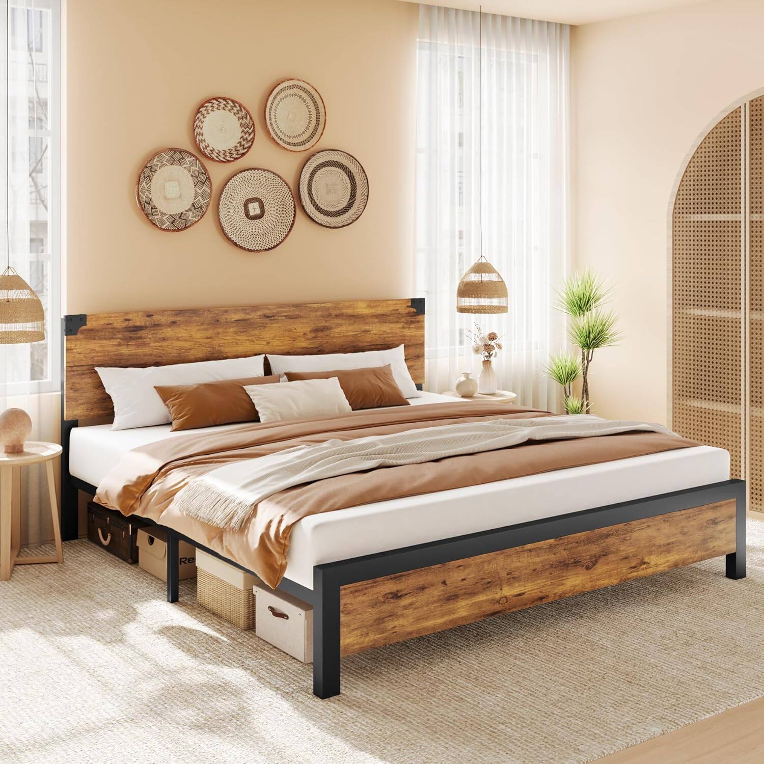 Angle. Jojoka - King Bed Frame with Wooden Headboard, Under-Bed Storage, Platform Base, Noise-Free, No Box Spring Needed, Brown - Brown.