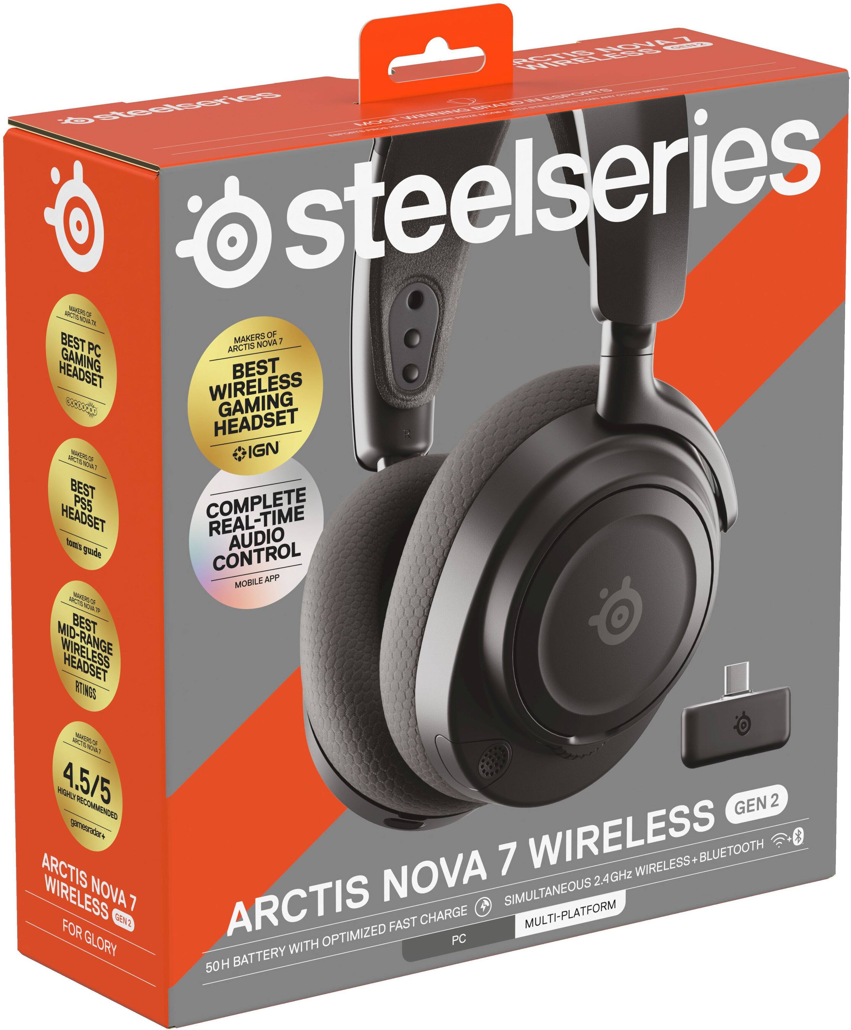 Sure, here is the corrected and grouped text from the image:

---

**SteelSeries**

**Arctis Nova 7 Wireless Gen 2**

- **Best PC Gaming Headset**  
  - IGN

- **Best Wireless Gaming Headset**  
  - IGN

- **Best PS5 Headset**  
  - Tom's Guide

- **Best Mid-Range Wireless Gaming Headset**  
  - What Hi-Fi?

- **Complete Real-Time Audio Control**  
  - Mobile App

- **4.5/5 Highly Recommended**  
  - Generate

- **50H Battery with Optimized Fast Charge**

- **Simultaneous 2.4GHz Wireless + Bluetooth**

- **Multi-Platform**

- **For Glory**

---

This text is organized to reflect the key features and accolades of the SteelSeries Arctis Nova 7 Wireless Gen 2 headset.