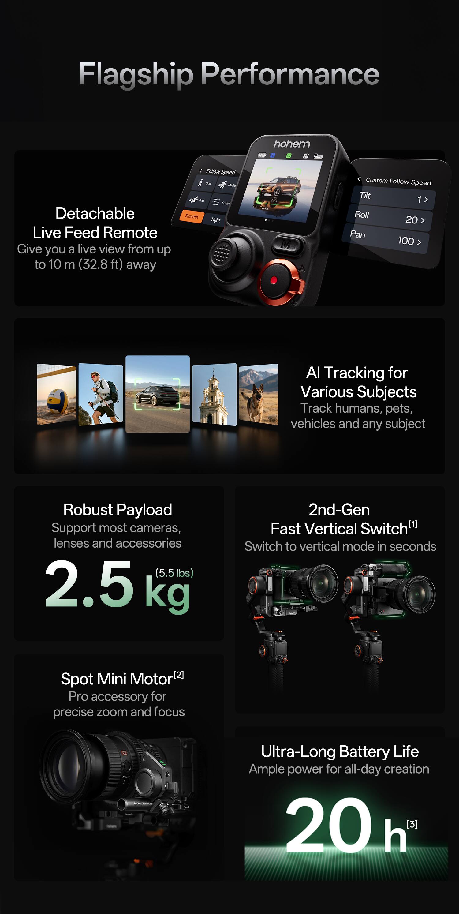 Flagship Performance

Detachable Live Feed Remote
Give you a live view from up to 10 m (32.8 ft) away

AI Tracking for Various Subjects
Track humans, pets, vehicles and any subject

Robust Payload
Support most cameras, lenses and accessories (5.5 lbs) 2.5 kg

2nd-Gen Fast Vertical Switch¹
Switch to vertical mode in seconds

Spot Mini Motor²
Pro accessory for precise zoom and focus

Ultra-Long Battery Life
Ample power for all-day creation 20 h³