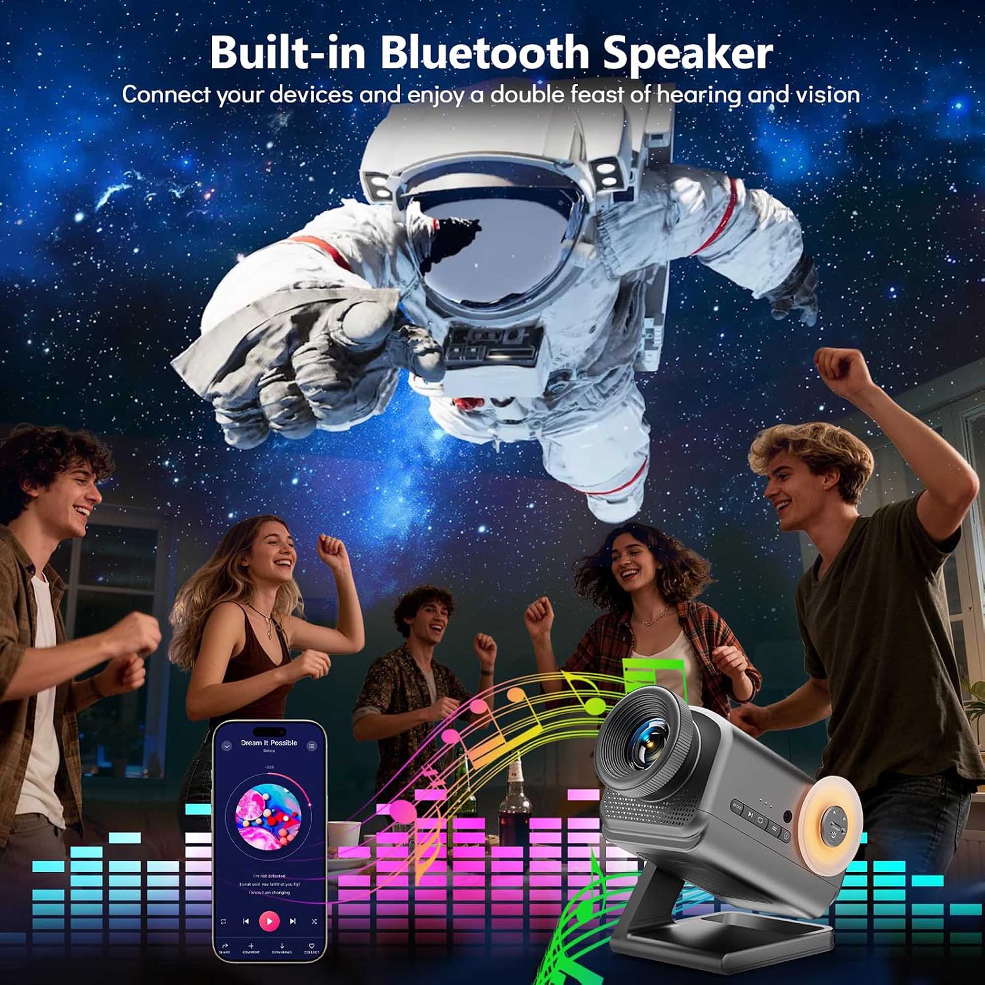 Built-in Bluetooth Speaker  
Connect your devices and enjoy a double feast of hearing and vision  

Dream OR Possible  
CONCENT - - - IN - NUTRICALTY - M  
SHOED  
TODO - dreams  
B  
A  
4  
H  
>  
e THE  
. ! - -