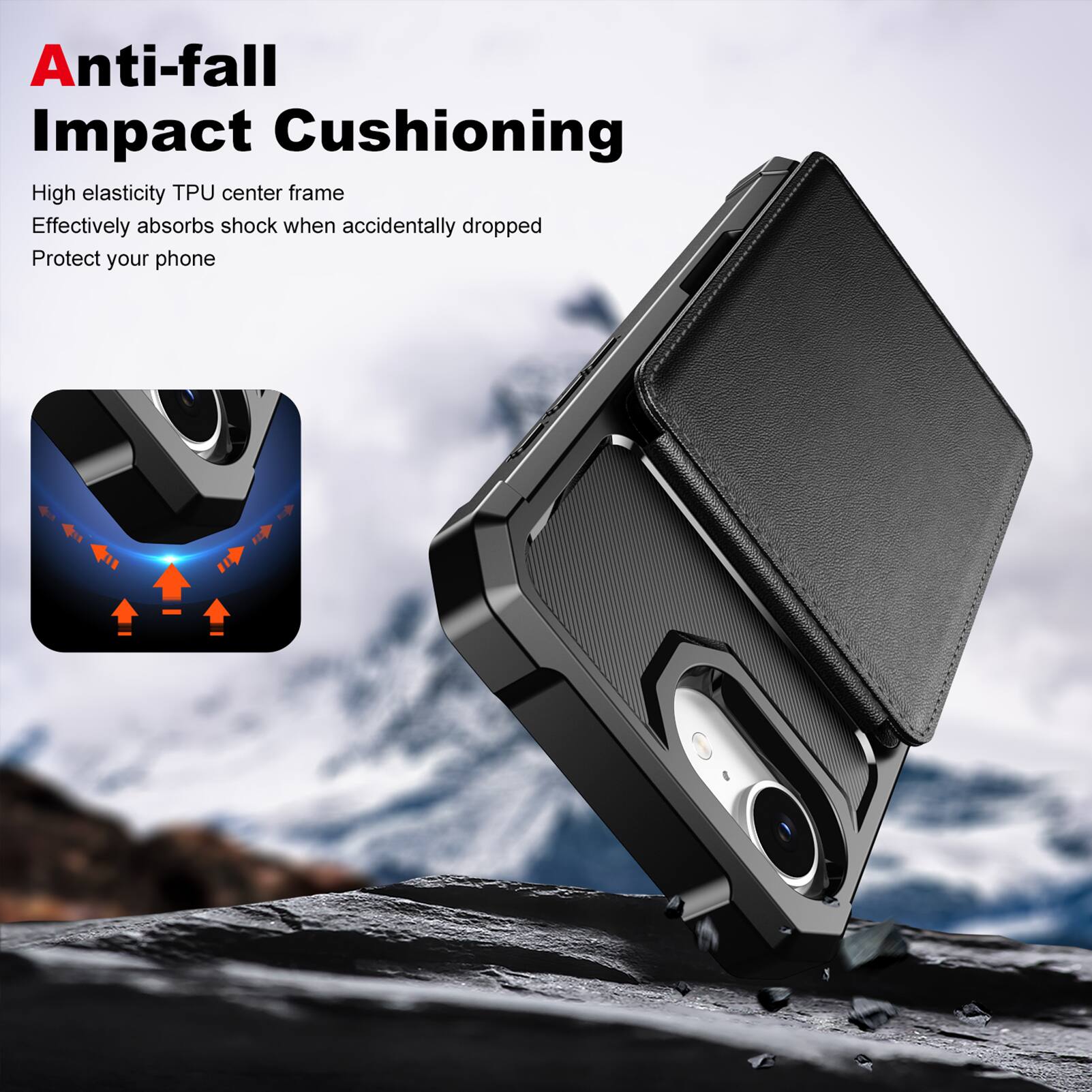 Anti-fall Impact Cushioning

High elasticity TPU center frame  
Effectively absorbs shock when accidentally dropped  
Protect your phone