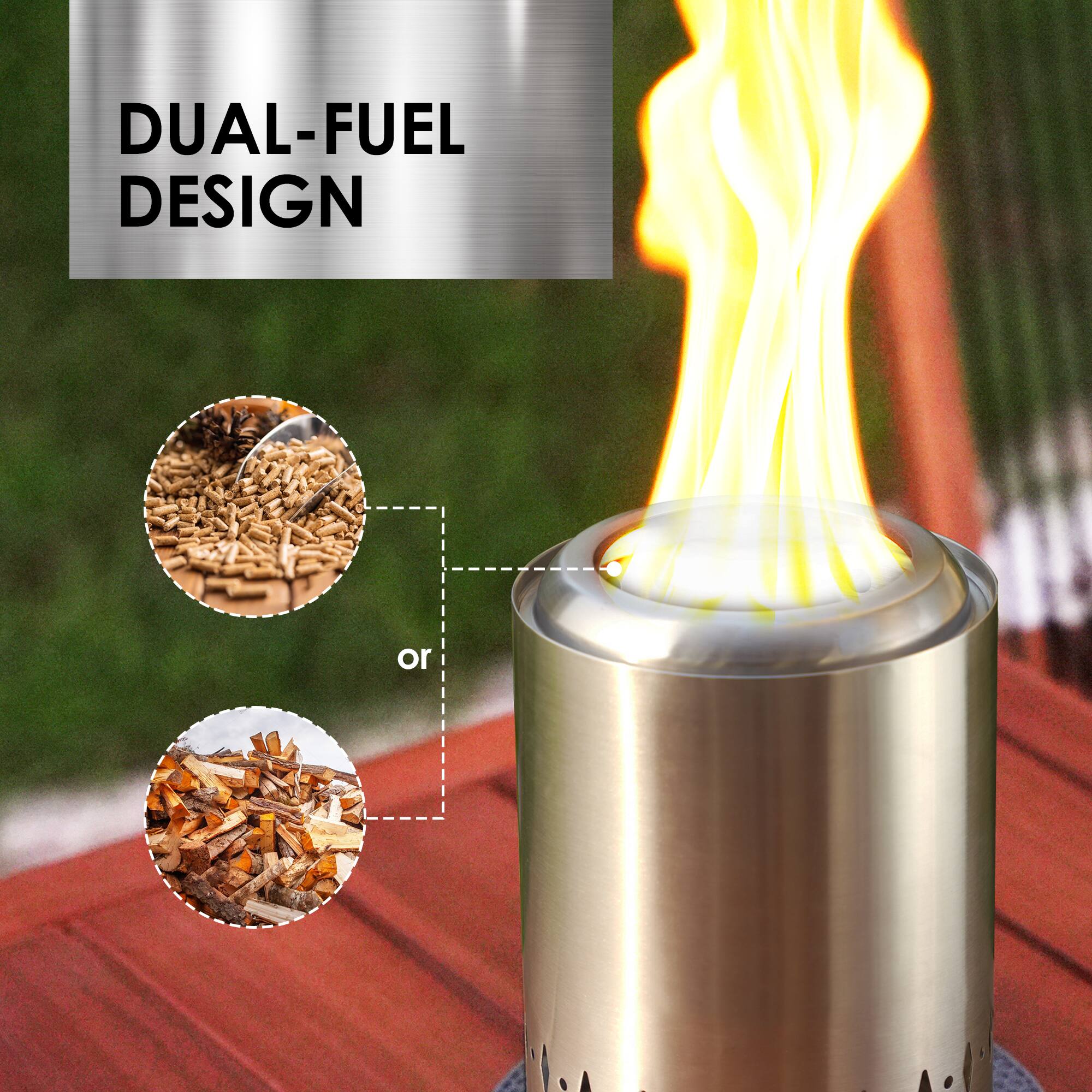 DUAL-FUEL DESIGN: A can with a flame coming out of it, with a description of the design.