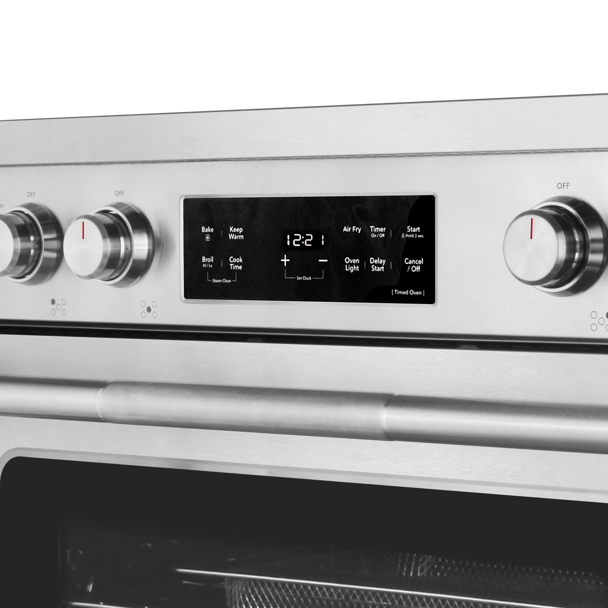 OH OFF OFF . Bake Keep Warm Broll Cook . | Time - - : 2:2 I + I 3 -od Air Fry Oven Light Timer - OH Delay Start  Start A P - Cancel I Of I Timed Oven I