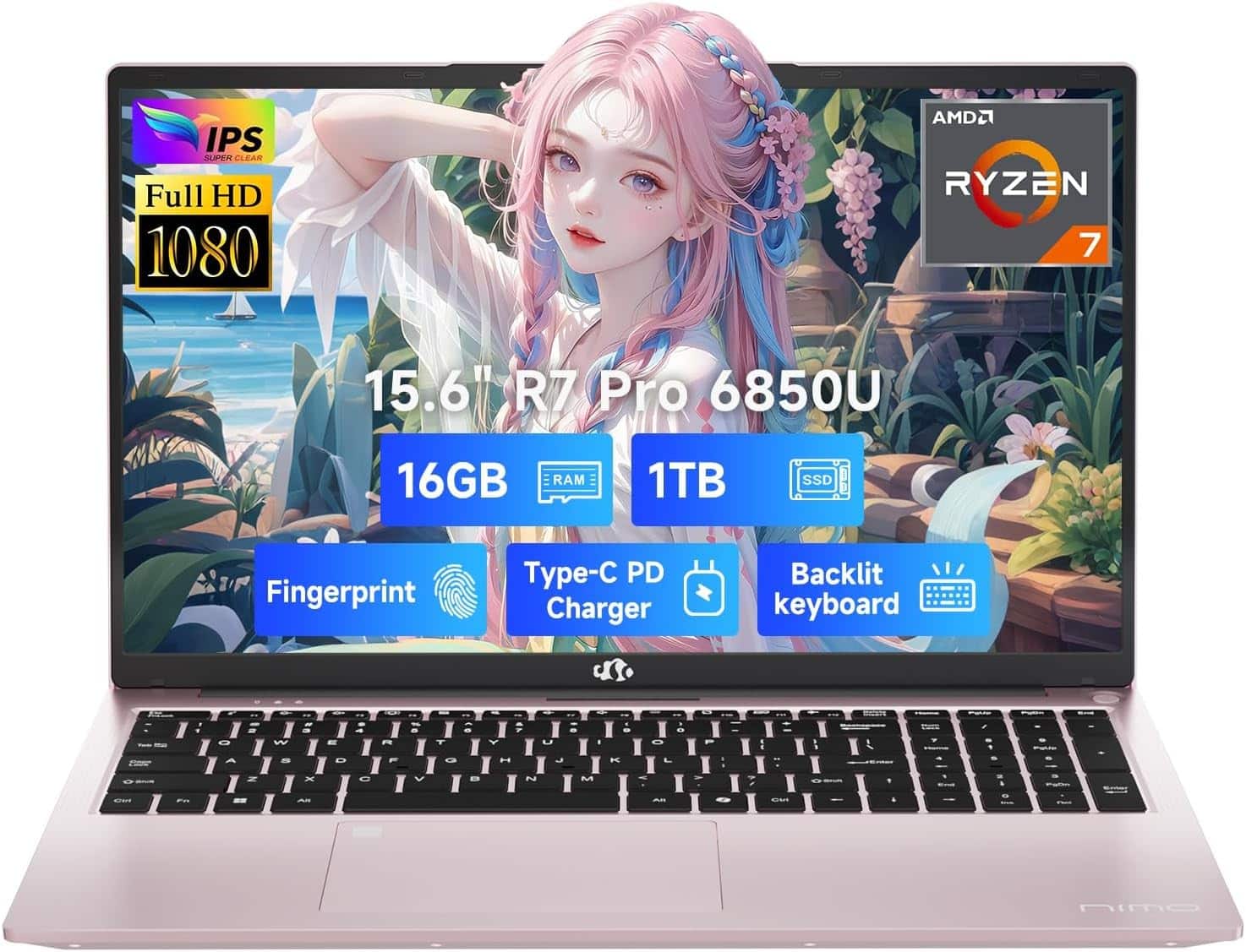 NIMO - 15.6" Light-Gaming-Laptop, 8 Cores AMD Ryzen 7 Pro 6850U 16GB LPDDR5 RAM 1TB SSD - Rose Gold