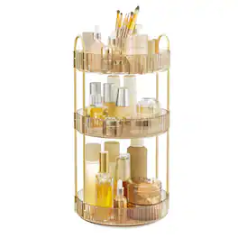 Songmics Home - Makeup Organizer, 3-Tier Round Rotating Skincare Organizer Countertop, Customizable, Toiletries Vanity Organizer - Champagne Gold