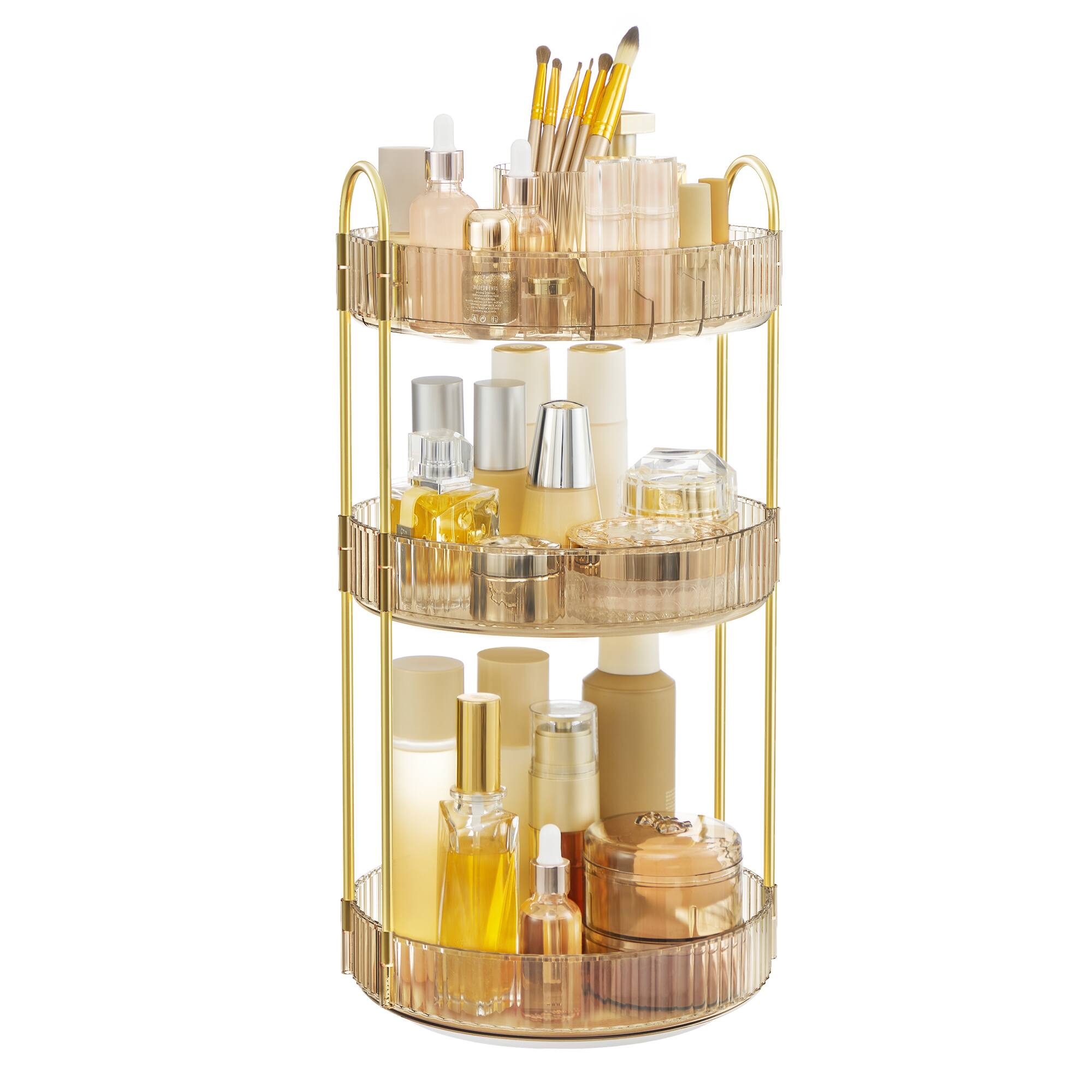Front. Songmics Home - Makeup Organizer, 3-Tier Round Rotating Skincare Organizer Countertop, Customizable, Toiletries Vanity Organizer - Champagne Gold.