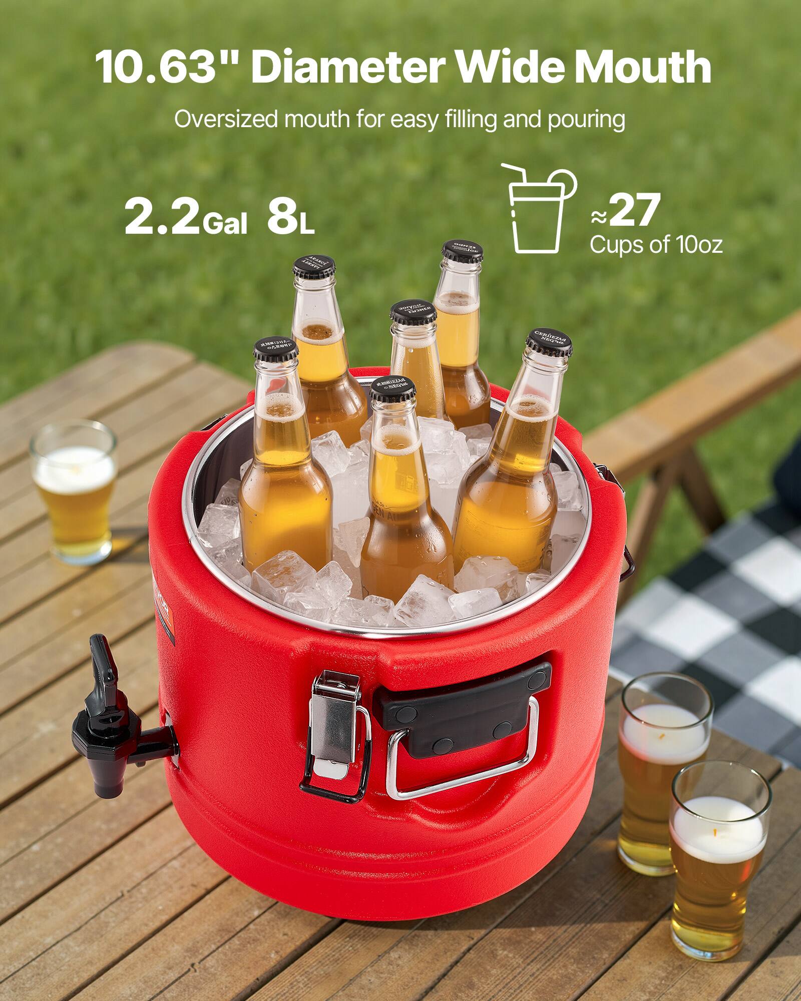 10.63" Diameter Wide Mouth  
Oversized mouth for easy filling and pouring  

2.2 Gal 8L  

≈ 27 Cups of 10oz