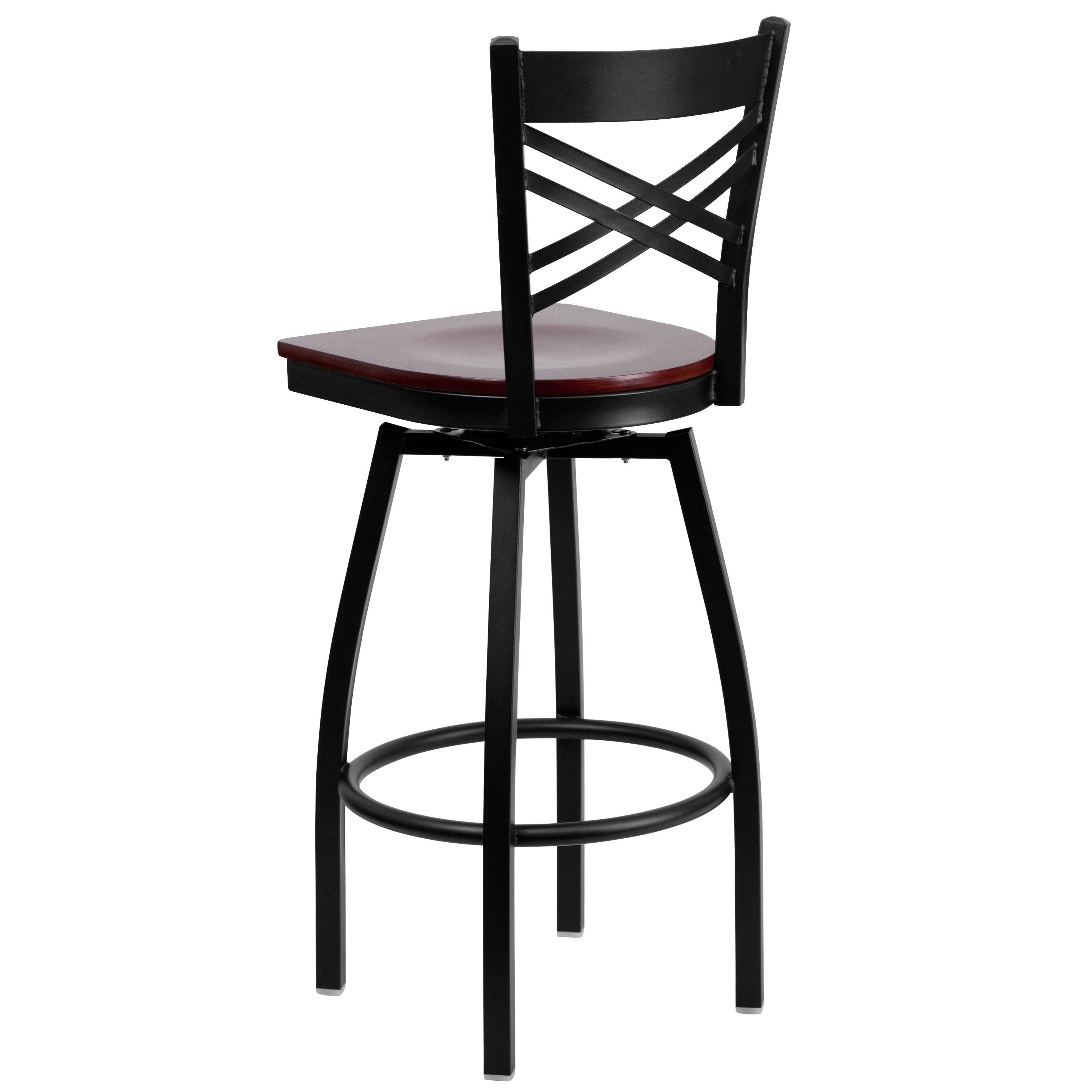 Alt View 3. Emma + Oliver - "X" Back Swivel Metal Restaurant Dining Barstool - Mahogany Wood Seat/Black Metal Frame.