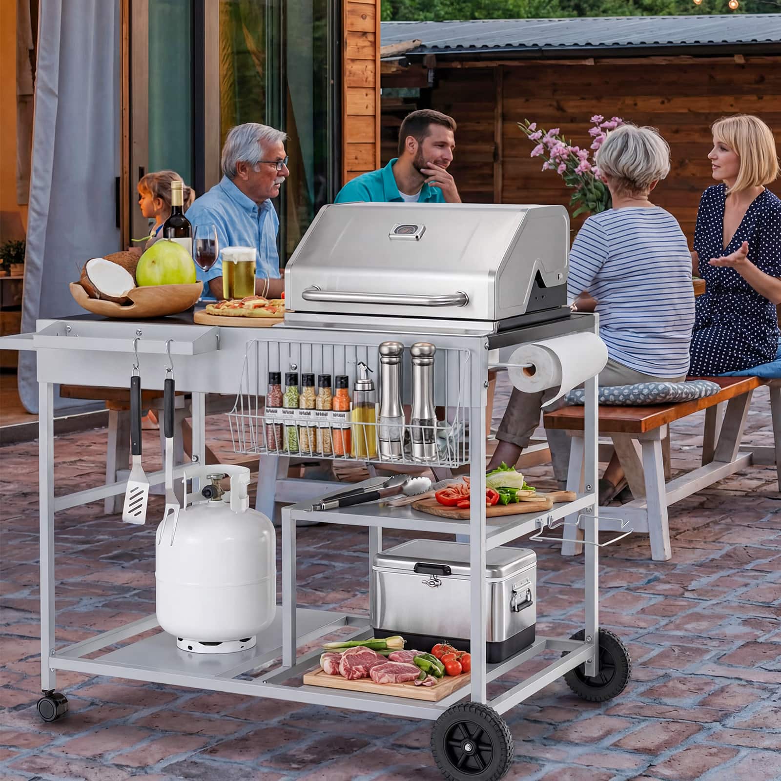 Gymax Pizza Oven Cart w/Topping Station 2 Spice Containers Wheels
