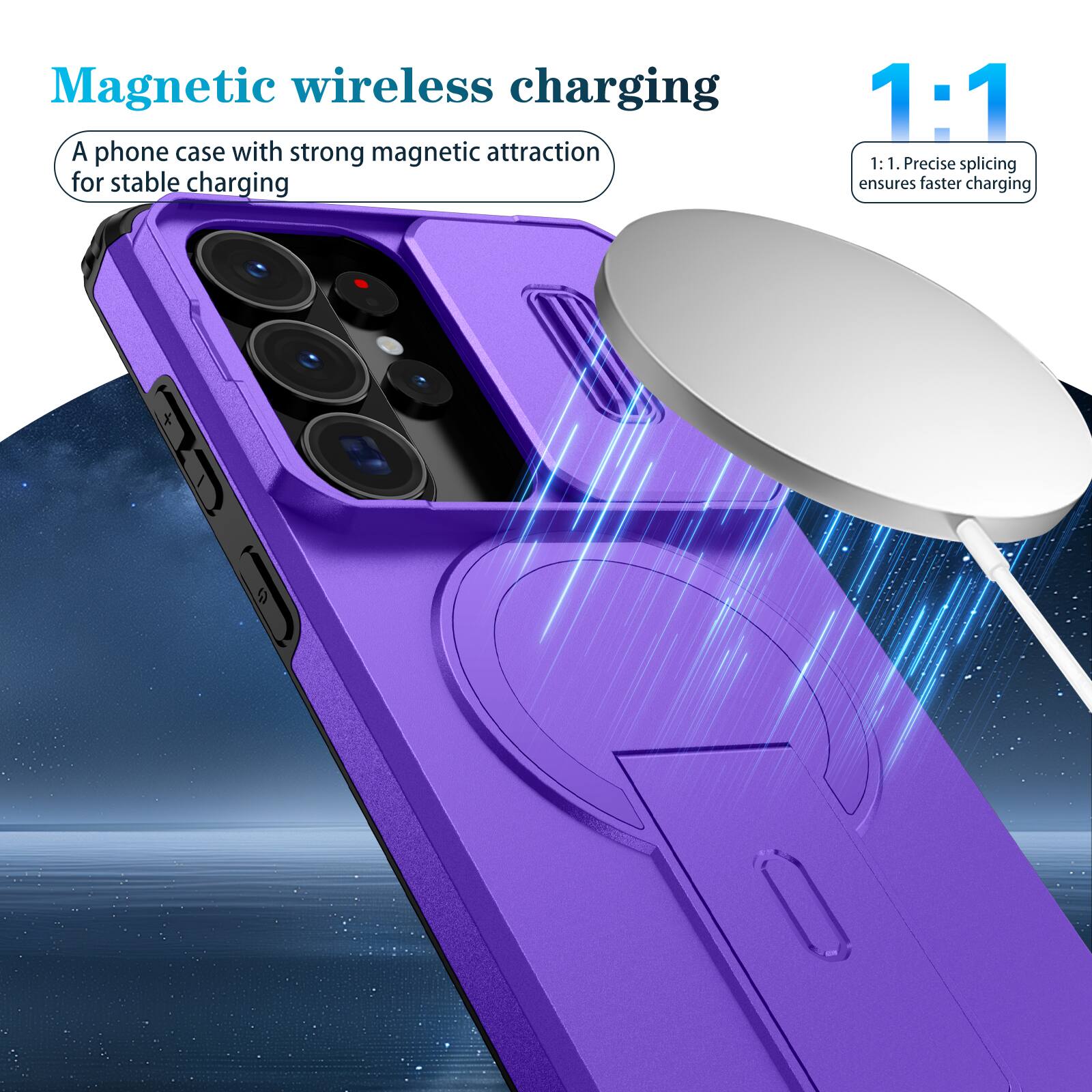 Magnetic wireless charging

A phone case with strong magnetic attraction for stable charging

1:1

1:1. Precise splicing ensures faster charging