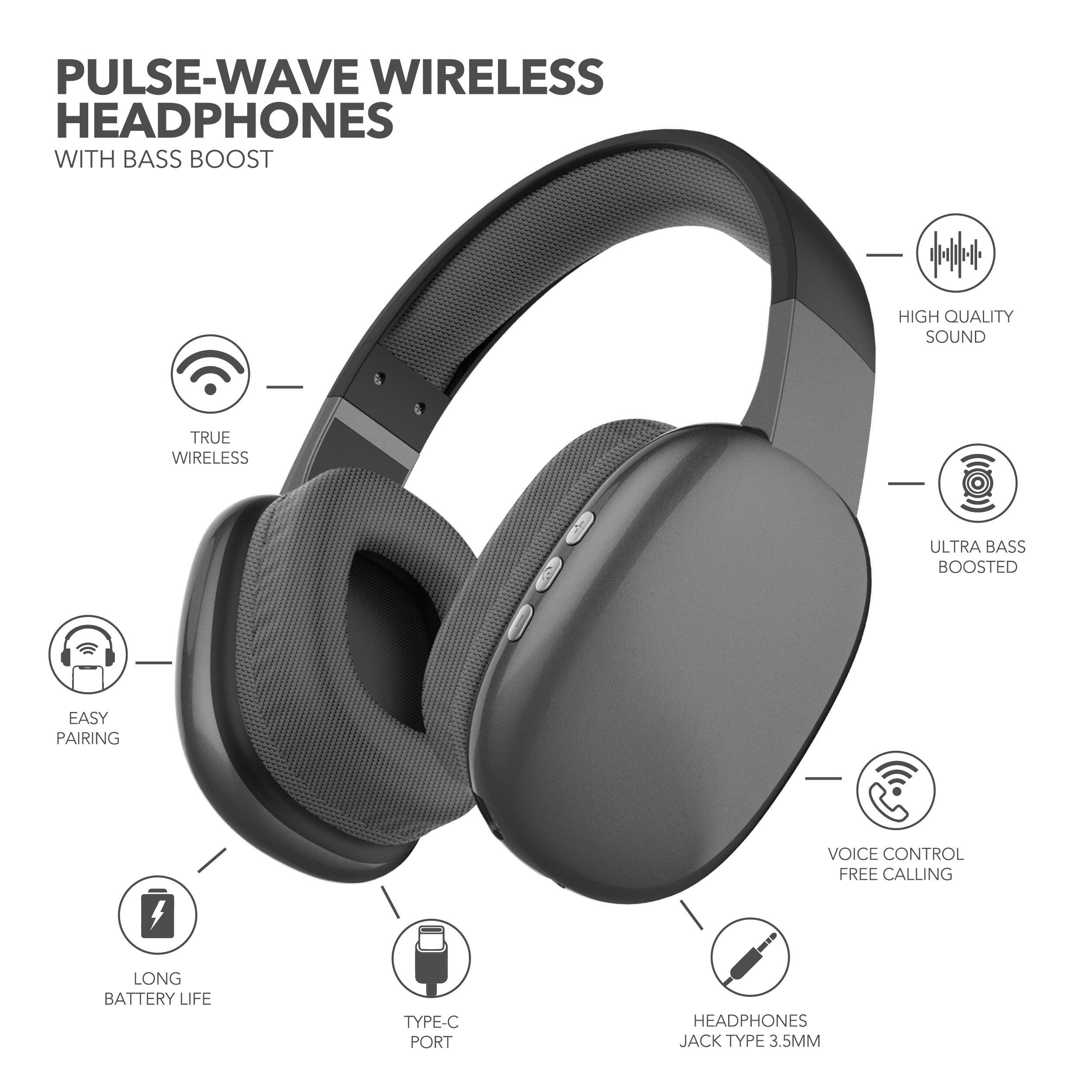 Pulse-Wave Wireless Headphones with Bass Boost, High Quality Sound, True Wireless, Ultra Bass Boosted, Easy Pairing, Voice Control, Free Calling, Long Battery Life, Type-C Port, Headphones Jack Type 3.5MM