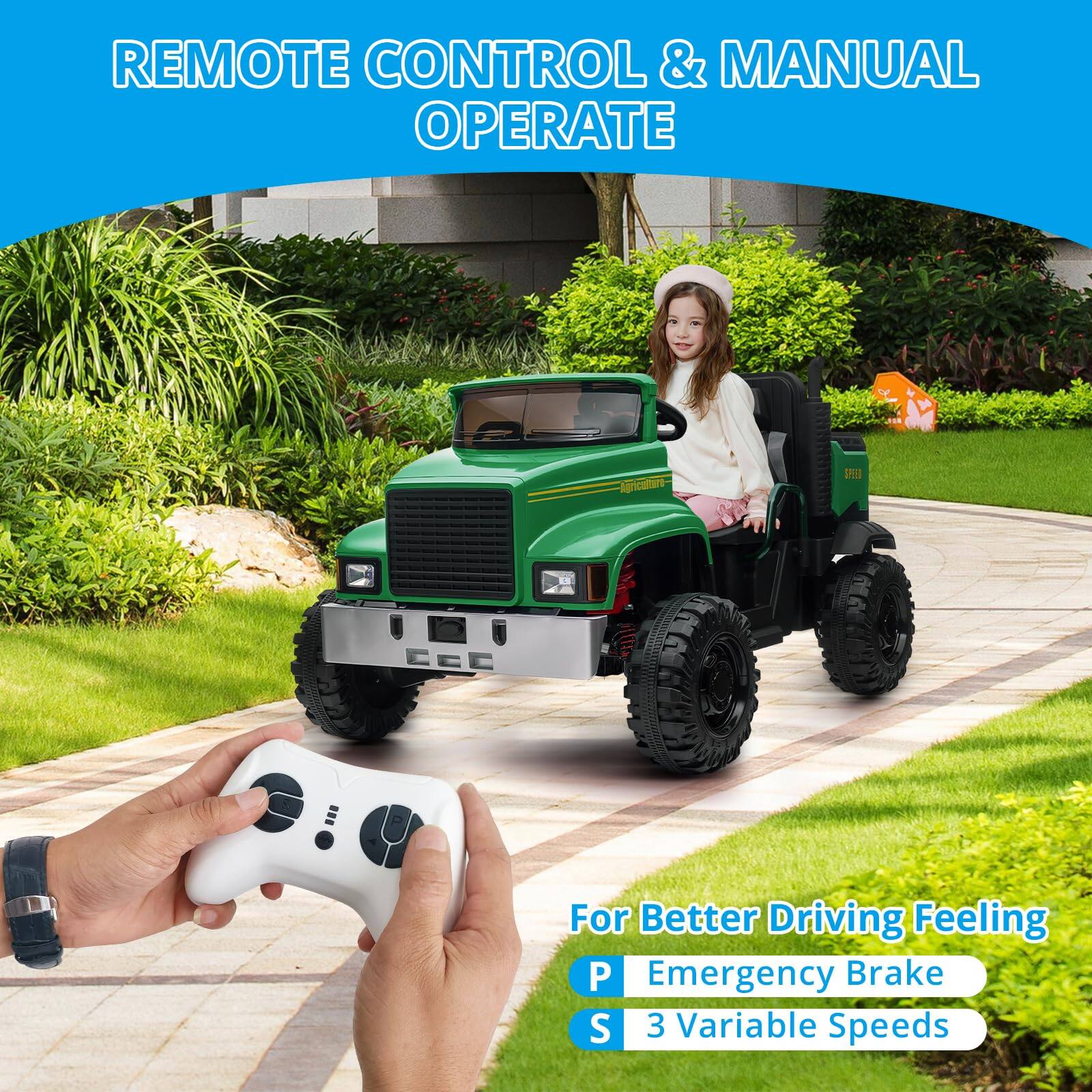 REMOTE CONTROL & MANUAL OPERATE

For Better Driving Feeling
P Emergency Brake
S 3 Variable Speeds