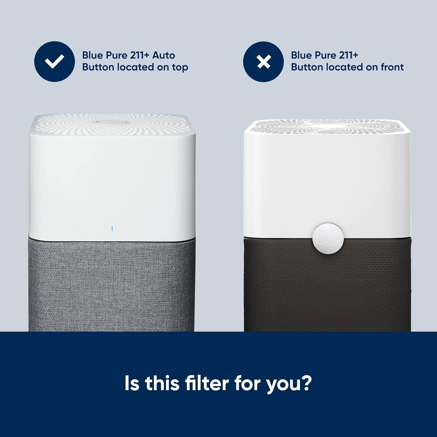 Blue Pure 211+ Auto Button located on top  
Blue Pure 211+ Button located on front  
Is this filter for you?