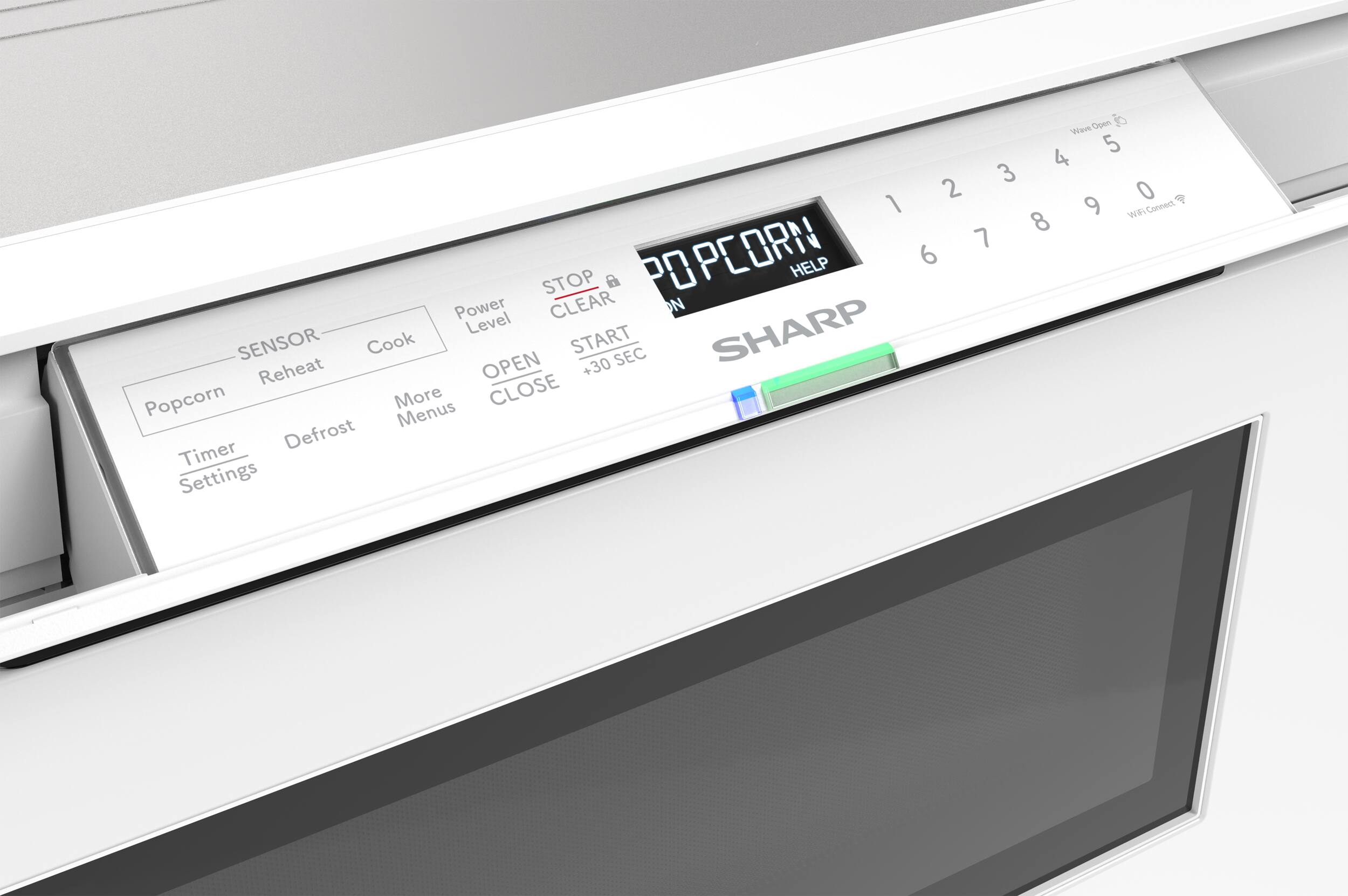 Sure, here is the corrected and grouped text from the image:

- **Popcorn**
- **Reheat**
- **Cook**
- **More Menus**
- **Defrost**
- **Timer Settings**
- **Power Level**
- **Open Close**
- **Stop Clear**
- **Start +30 Sec**
- **Help**
- **Wave Open 5**
- **1 2 3 4 5**
- **6 7 8 9 0**
- **WiFi Connected**
- **SHARP**