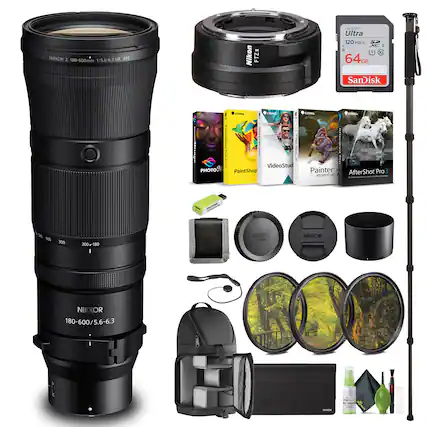 NIKKOR Z 180-600mm 1:5.6-6.3 VR 95
Nikon FTZ I
SanDisk Ultra 120 MB/s 64GB
Corel Painter 12
Corel VideoStudio Pro X10
Corel Painter Essentials 4
Corel AfterShot Pro 3
Nikkor 180-600/5.6-6.3