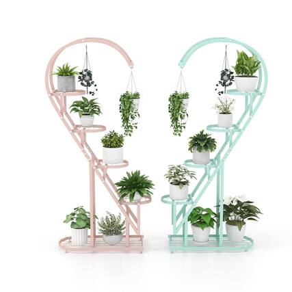 Front. Pefilos - 5 Tier Metal Plant Stand with Hanging Hook for Multiple Plants-Pink & Blue, Flower Pot Stand for Planter Corner Garden - Blue.