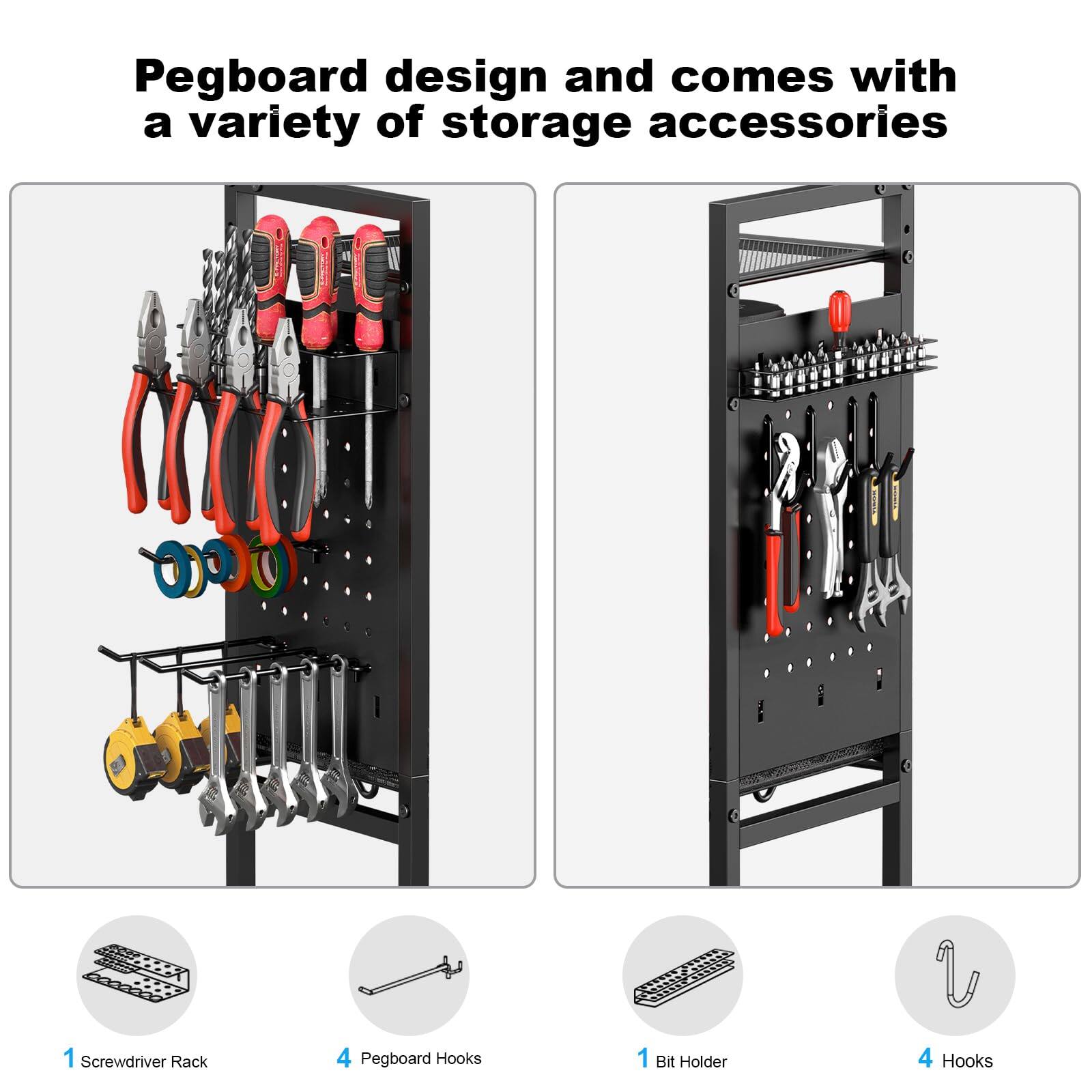 Pegboard design and comes with a variety of storage accessories

1 Screwdriver Rack  
4 Pegboard Hooks  
1 Bit Holder  
4 Hooks