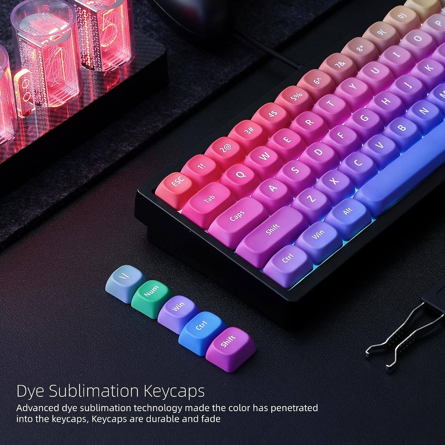 VI Num ESC Win  P al O t I 1& U K v9  Y 5% V T H 4$ N R G 3# B E F 2@ > W D 1! C Q S X A Tab Z Caps Alt Shift Win Ctrl Ctrl Shift

Dye Sublimation Keycaps

Advanced dye sublimation technology made the color has penetrated into the keycaps, Keycaps are durable and fade