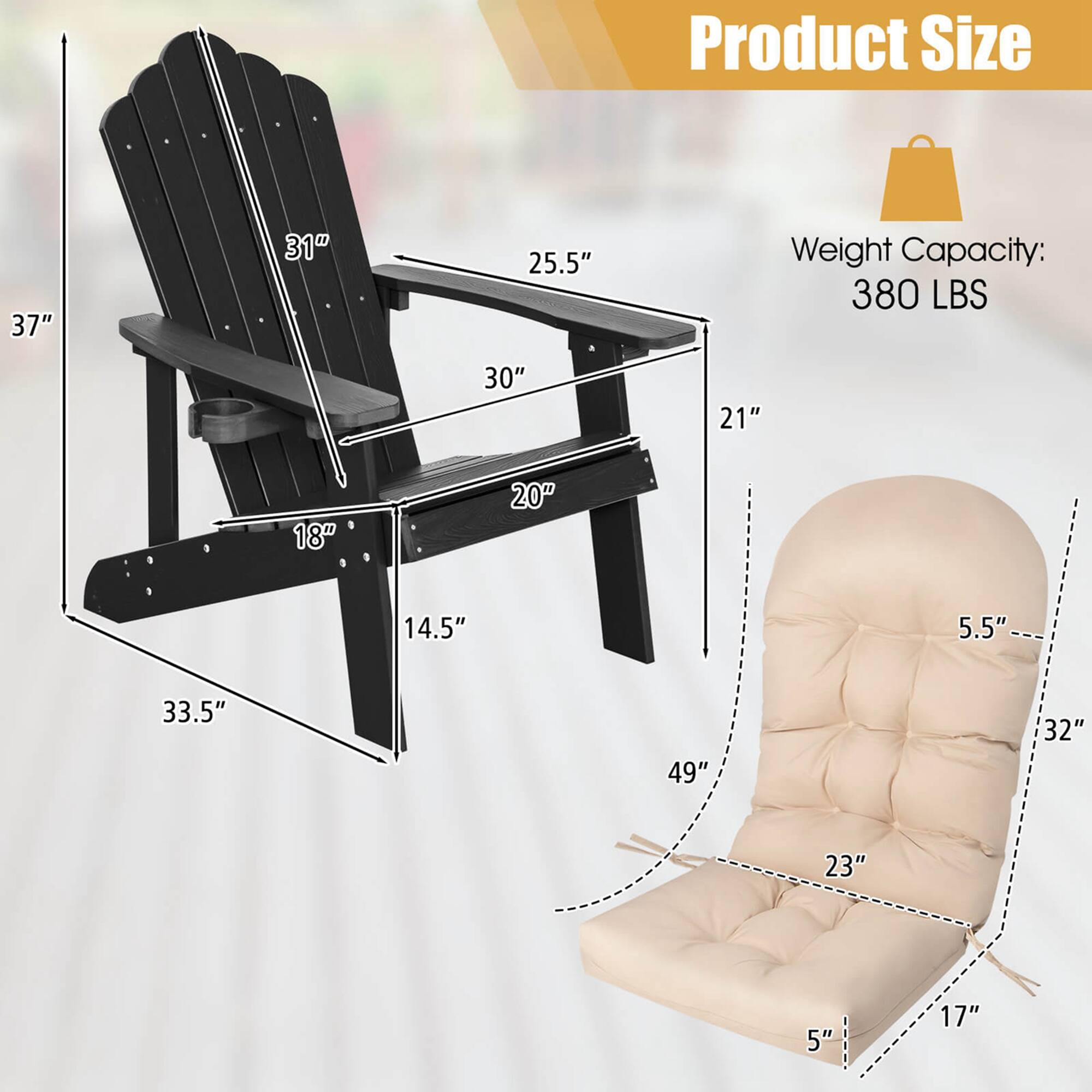 Product Size: 37", 31", 25.5", 30", 21", 18", 20", 14.5", 5.5", 33.5", 49", 32", 23", 5", 17"

Weight Capacity: 380 LBS
