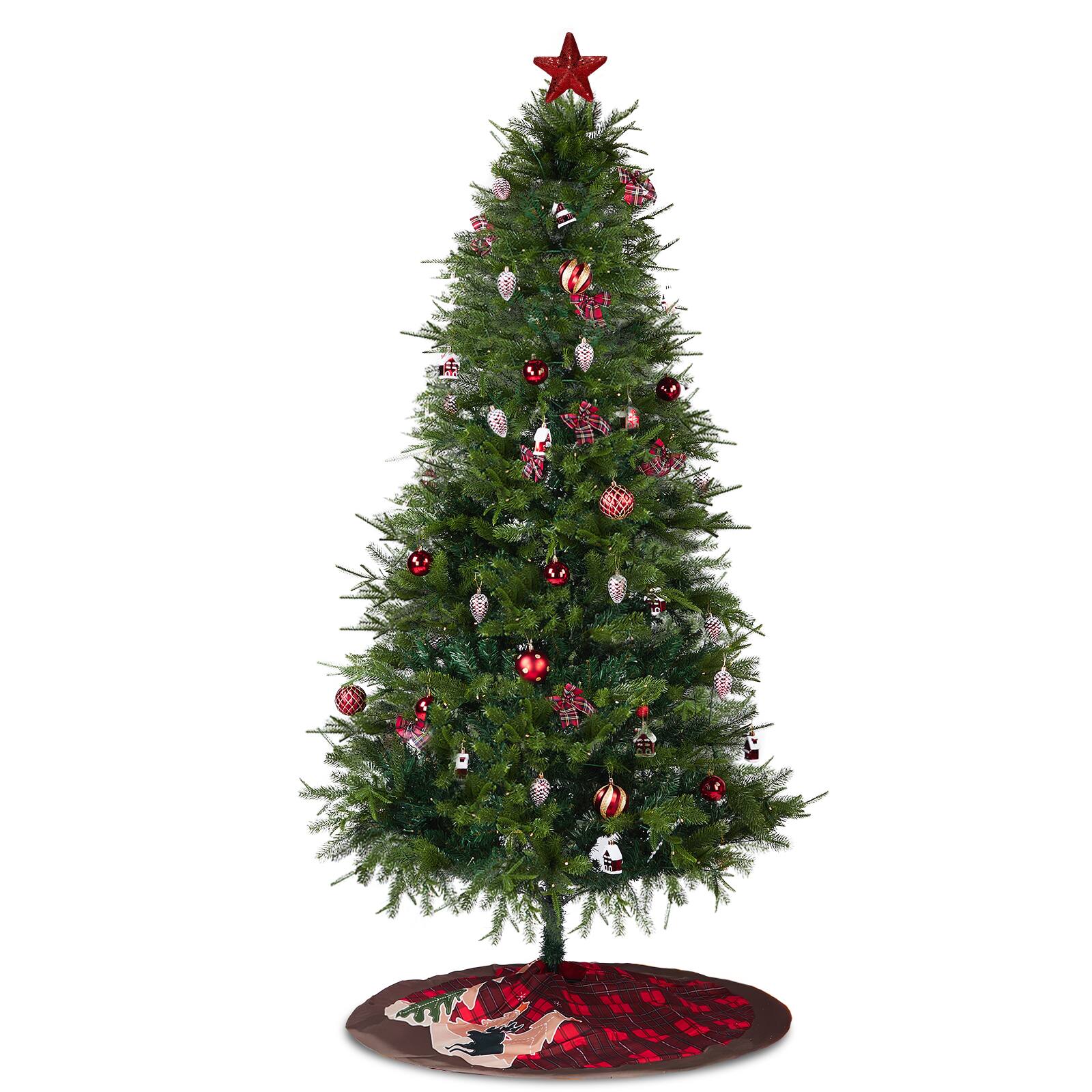 Alt View 10. VAVSEA - 7.5 ft Pre-Lit Artificial Christmas Tree with 400 Warm White LED Lights, Hinged Xmas Tree with Skirt & Red Ornaments - Green.