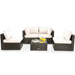 Costway - 5PCS Patio Rattan Furniture Set Cushioned Sofa Chair Coffee Table - White