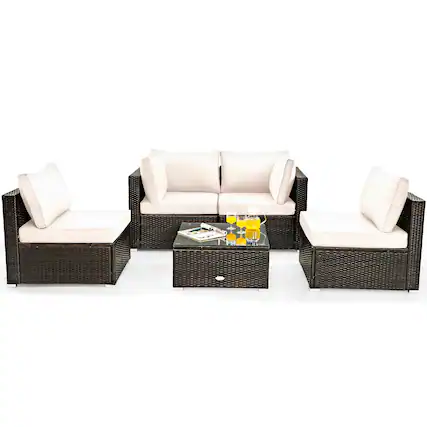 Front. Costway - 5PCS Patio Rattan Furniture Set Cushioned Sofa Chair Coffee Table - White.