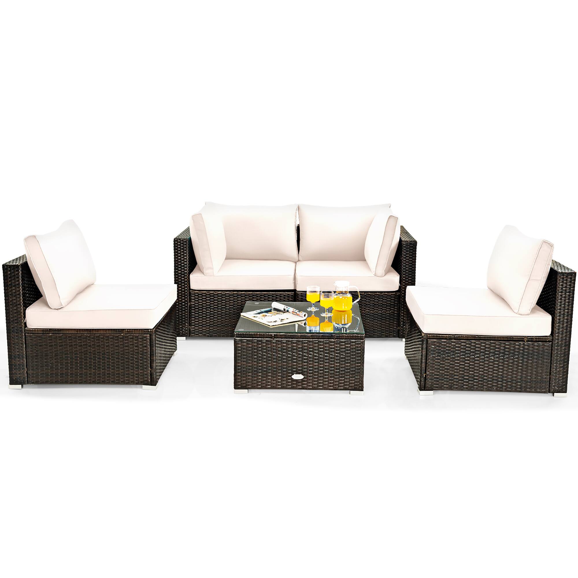 Front. Costway - 5PCS Patio Rattan Furniture Set Cushioned Sofa Chair Coffee Table - White.