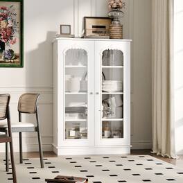 Famapy - French - Style Glass Display Cabinet: Elegant Dishware Showcase + Hidden Storage - White
