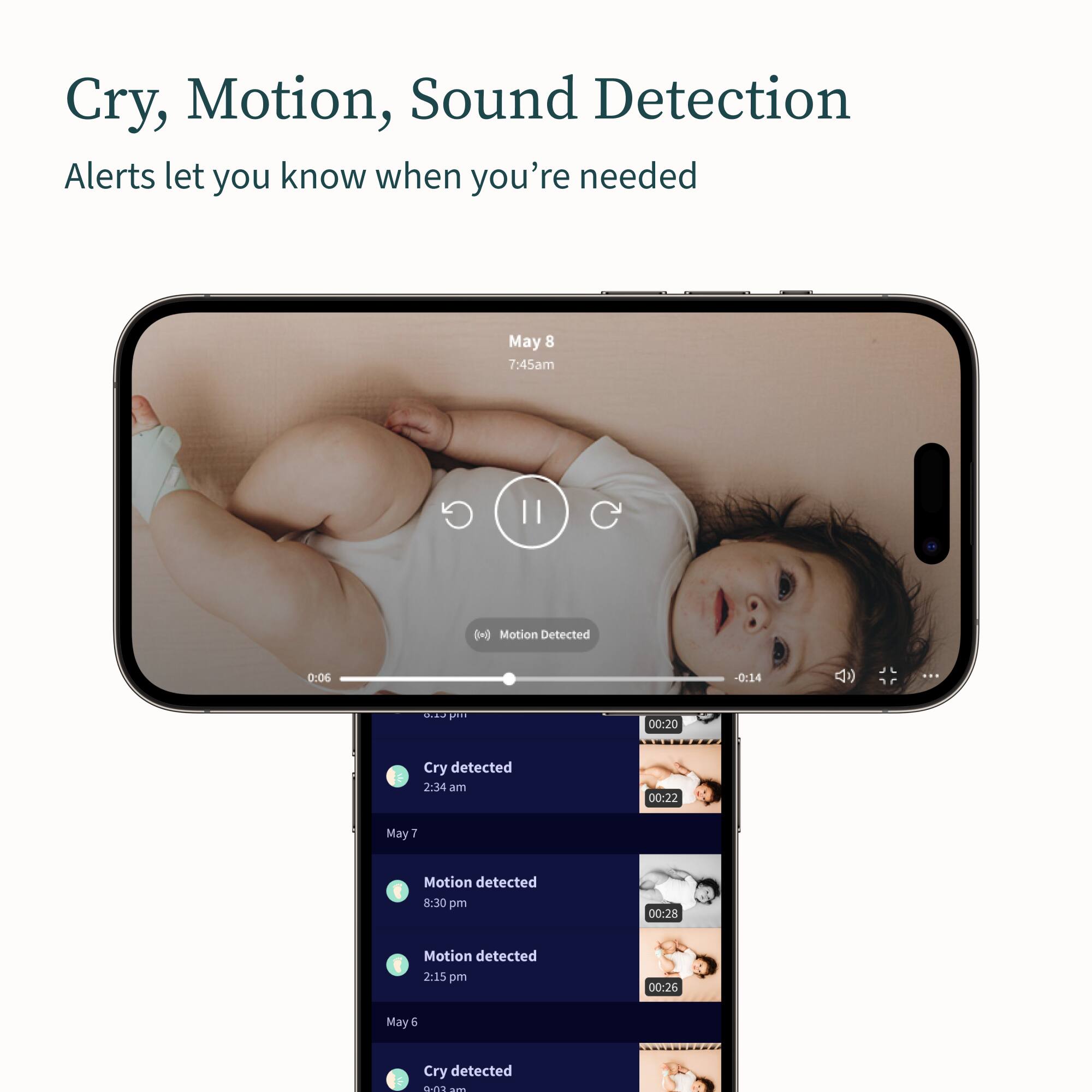 Cry, Motion, Sound Detection Alerts let you know when you're needed.

May 8 7:45am:

* Motion Detected 0:06 - 0:14
* Cry detected 2:34 am 00:22

May 1:

* Motion detected 8:30 pm 00:28
* Motion detected 2:15 pm 00:26

May 8:

* Cry detected 2:34 am 00:22
* Motion detected 0:06 - 0:14

May 1:

* Motion detected 8:30 pm 00:28
* Motion detected 2:15 pm 00:26