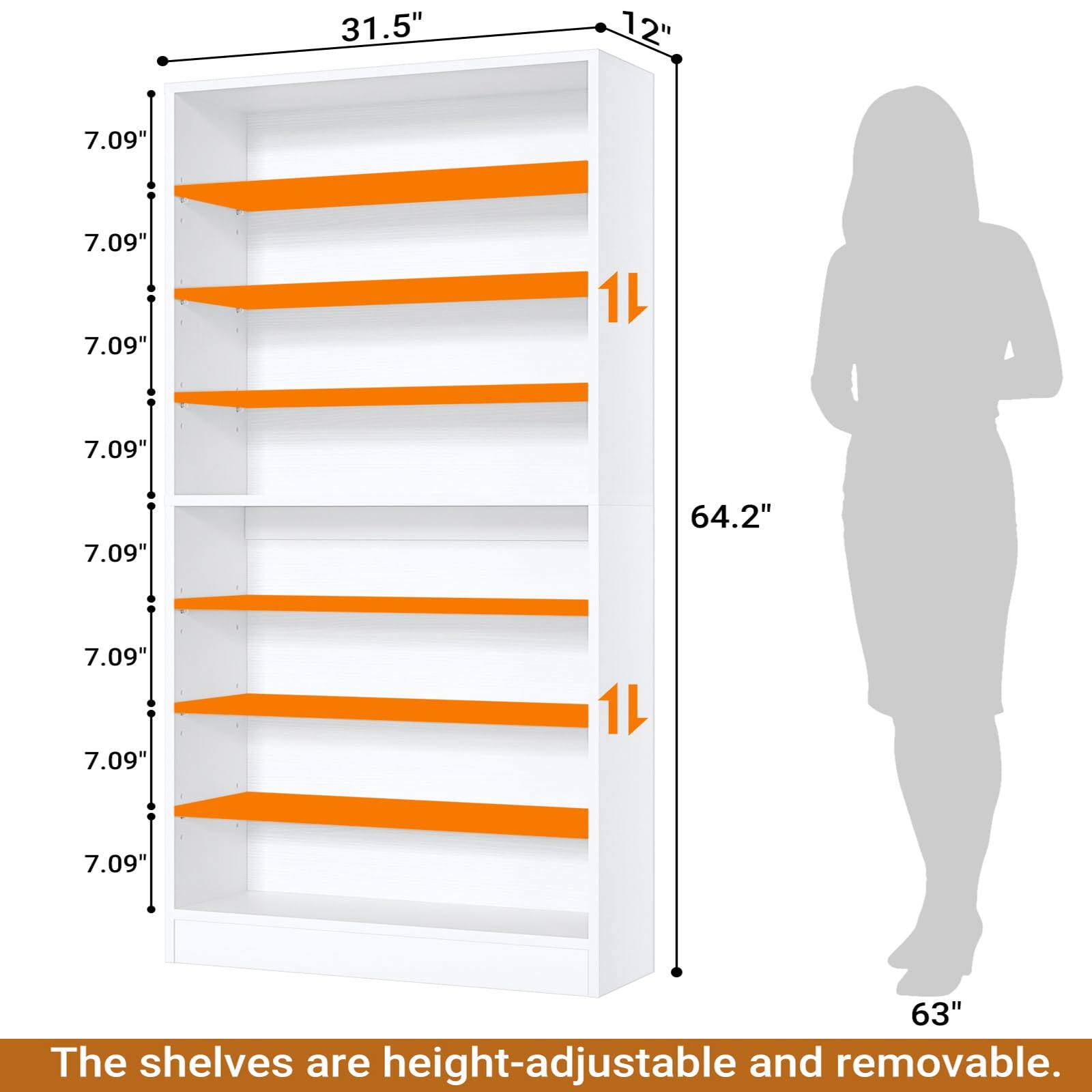 31.5" 12" 7.09" 7.09" 7.09" 1L 7.09" 7.09" 64.2" 7.09" 7.09" 7.09" 63" The shelves are height-adjustable and removable.