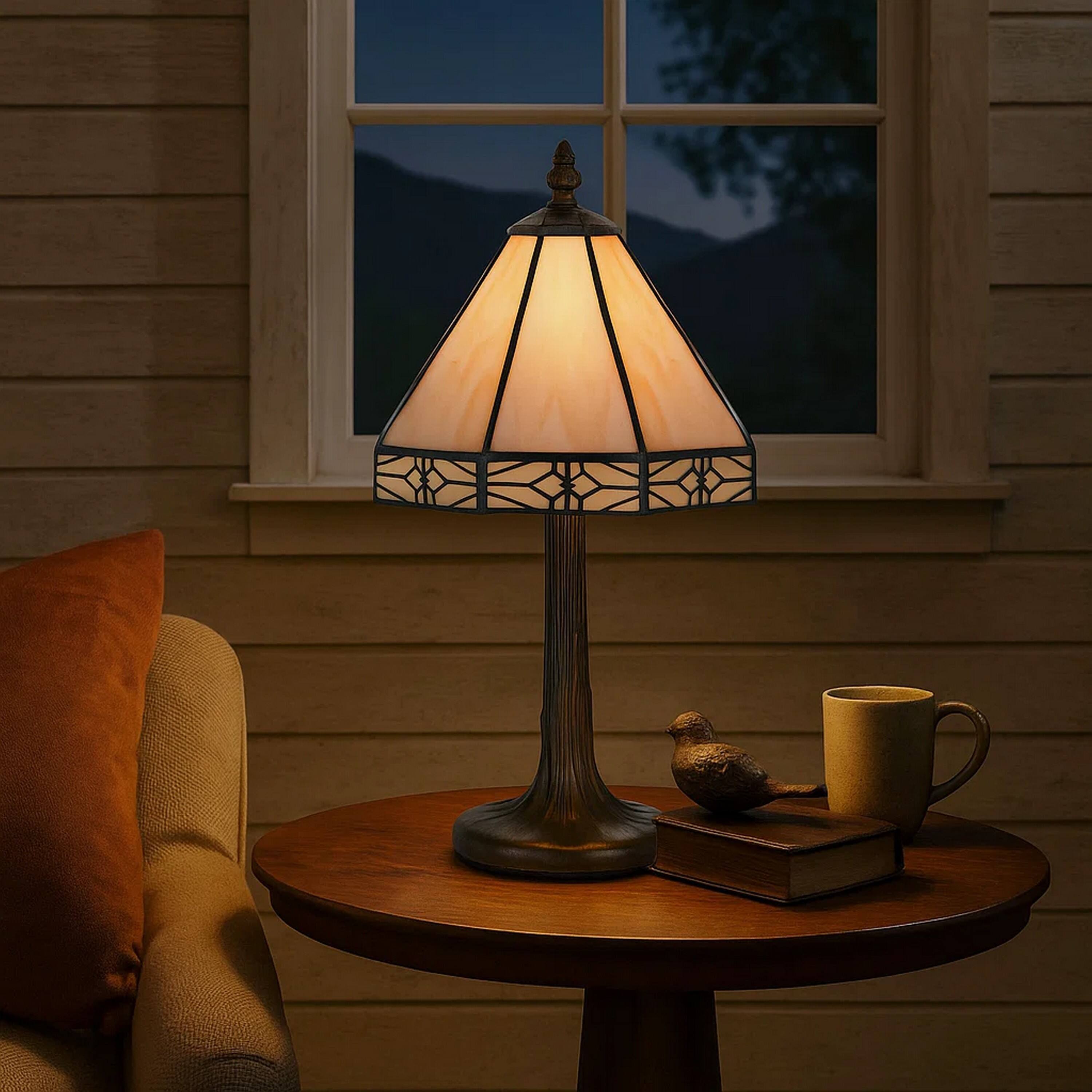 Alt View 2. Manhattan Lane - Tree Like Metal Body Tiffany Table lamp with Conical Shade - Beige and Bronze.