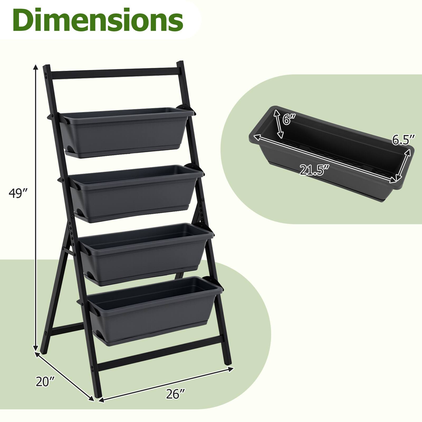 Dimensions: 6.5" x 21.5" x 49" x 20" x 26"