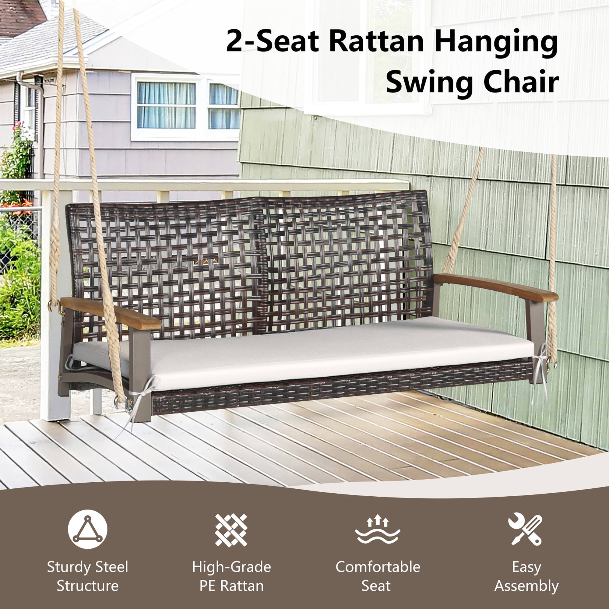 2-Seat Rattan Hanging Swing Chair

- Sturdy Steel Structure
- High-Grade PE Rattan
- Comfortable Seat
- Easy Assembly