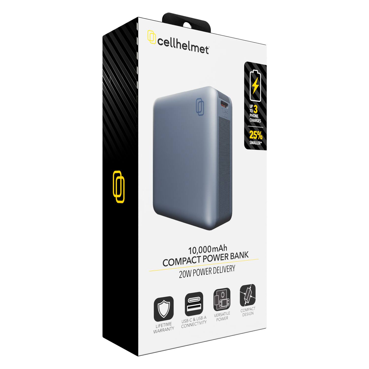 cellhelmet

10,000 mAh COMPACT POWER BANK  
20W POWER DELIVERY

- UP TO 3 PHONE CHARGES
- 25% SMALLER*

- USB-C & USB-A CONNECTIVITY
- VERSATILE POWER
- COMPACT DESIGN

LIFETIME WARRANTY