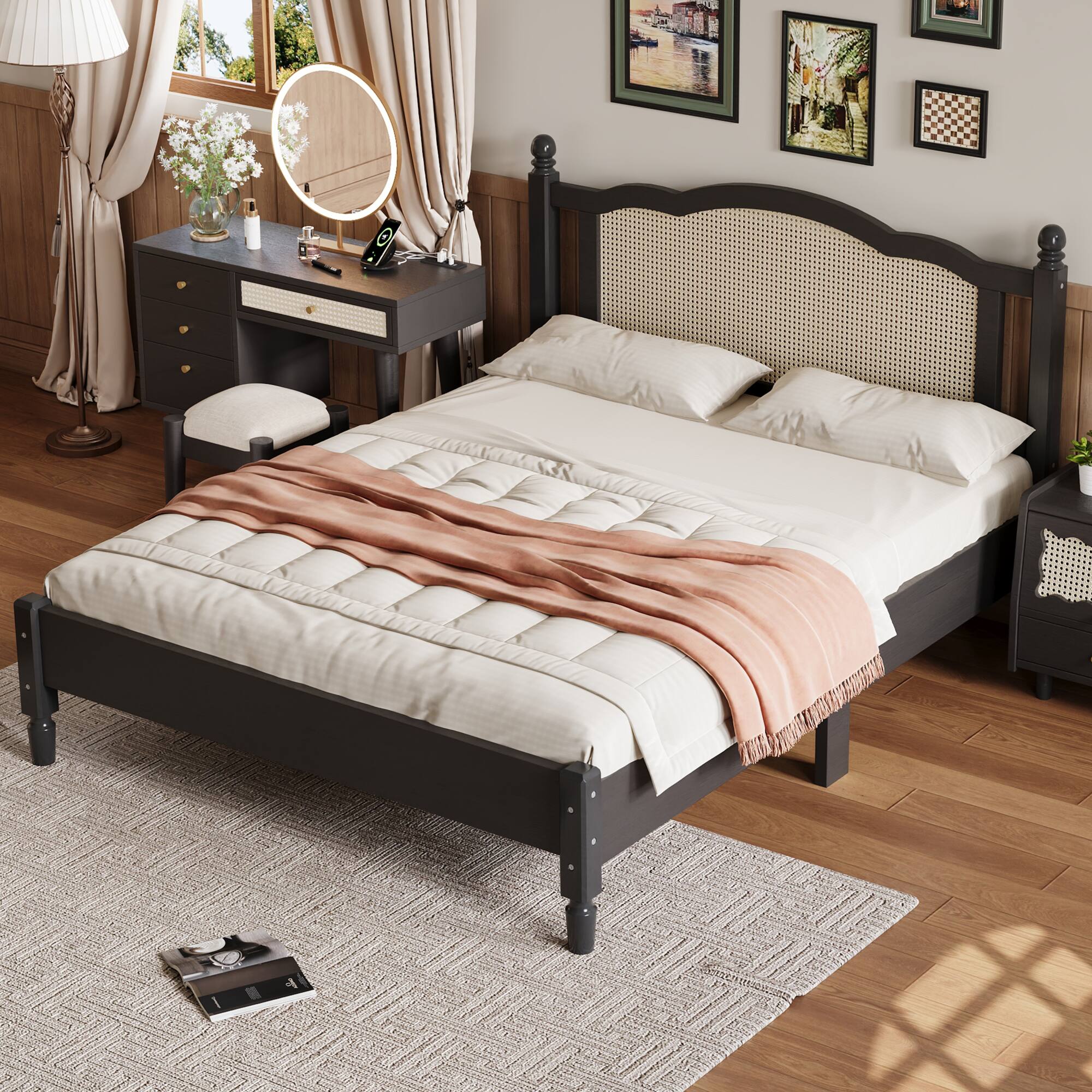 Angle. GOODSILO - Vintage Rattan Headboard Queen Size Platform Bed Frame with Wooden Slat Support - Black.